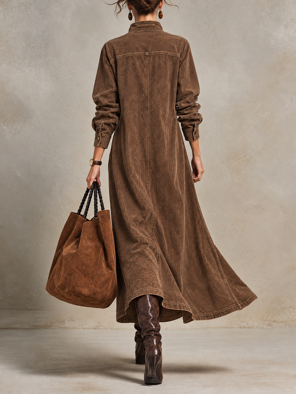 Brown Washed Cotton Stand Collar Long Sleeve Maxi Dress