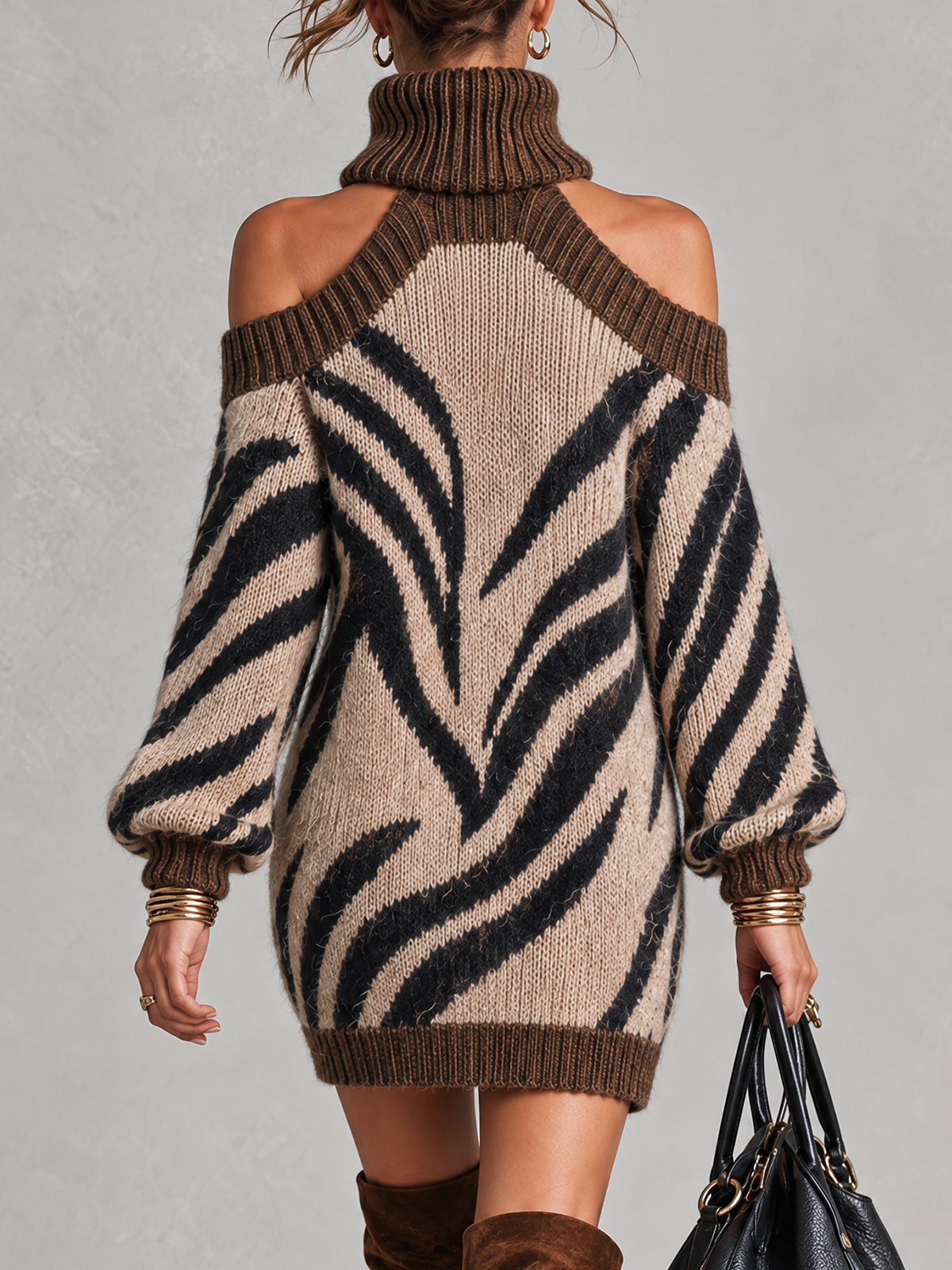 Zebra Stripe Mohair Turtleneck Cold Shoulder Sweater Mini Dress