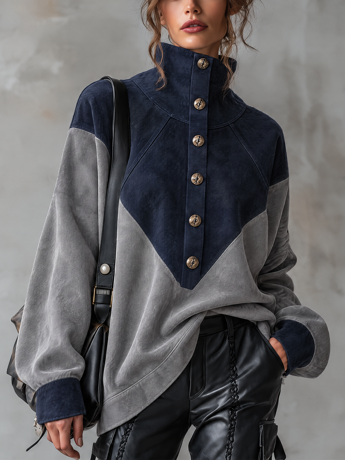Navy And Grey Color Block Suede Stand Collar Blouse