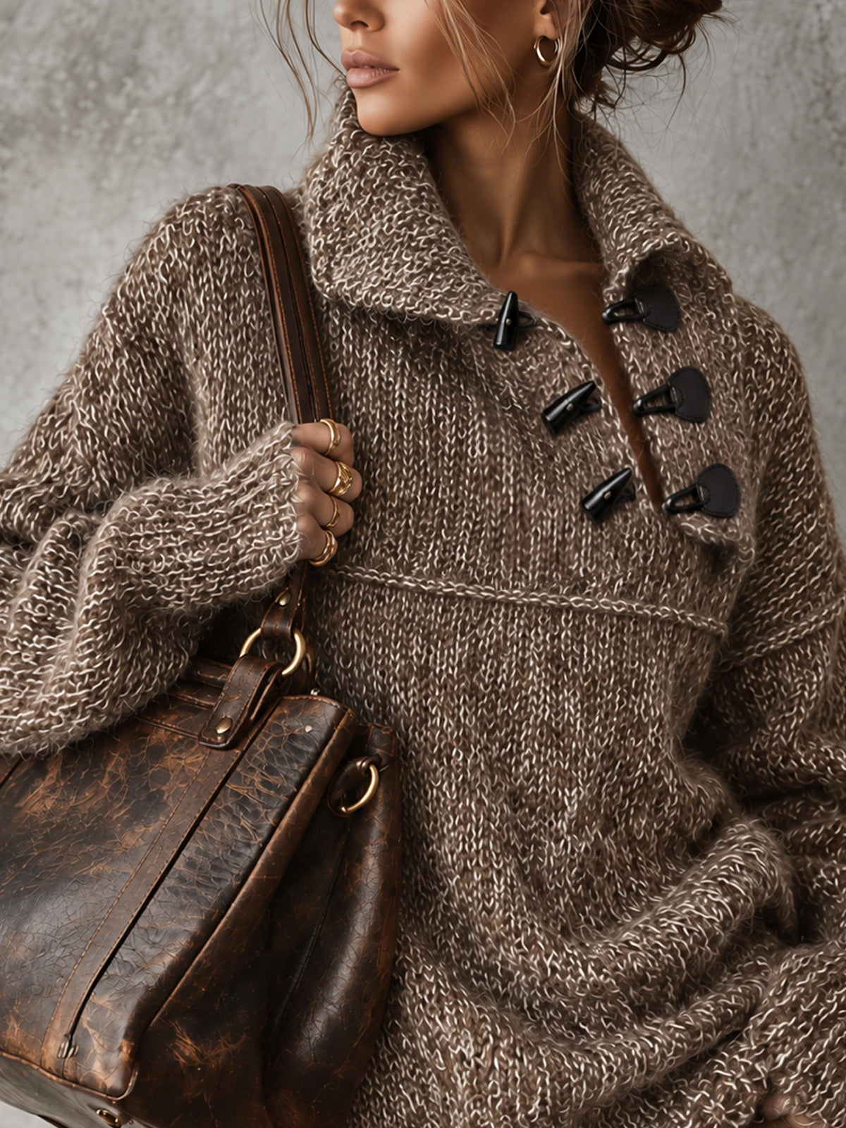Brown Two Tone Oversized Chunky Knit Collared Sweater