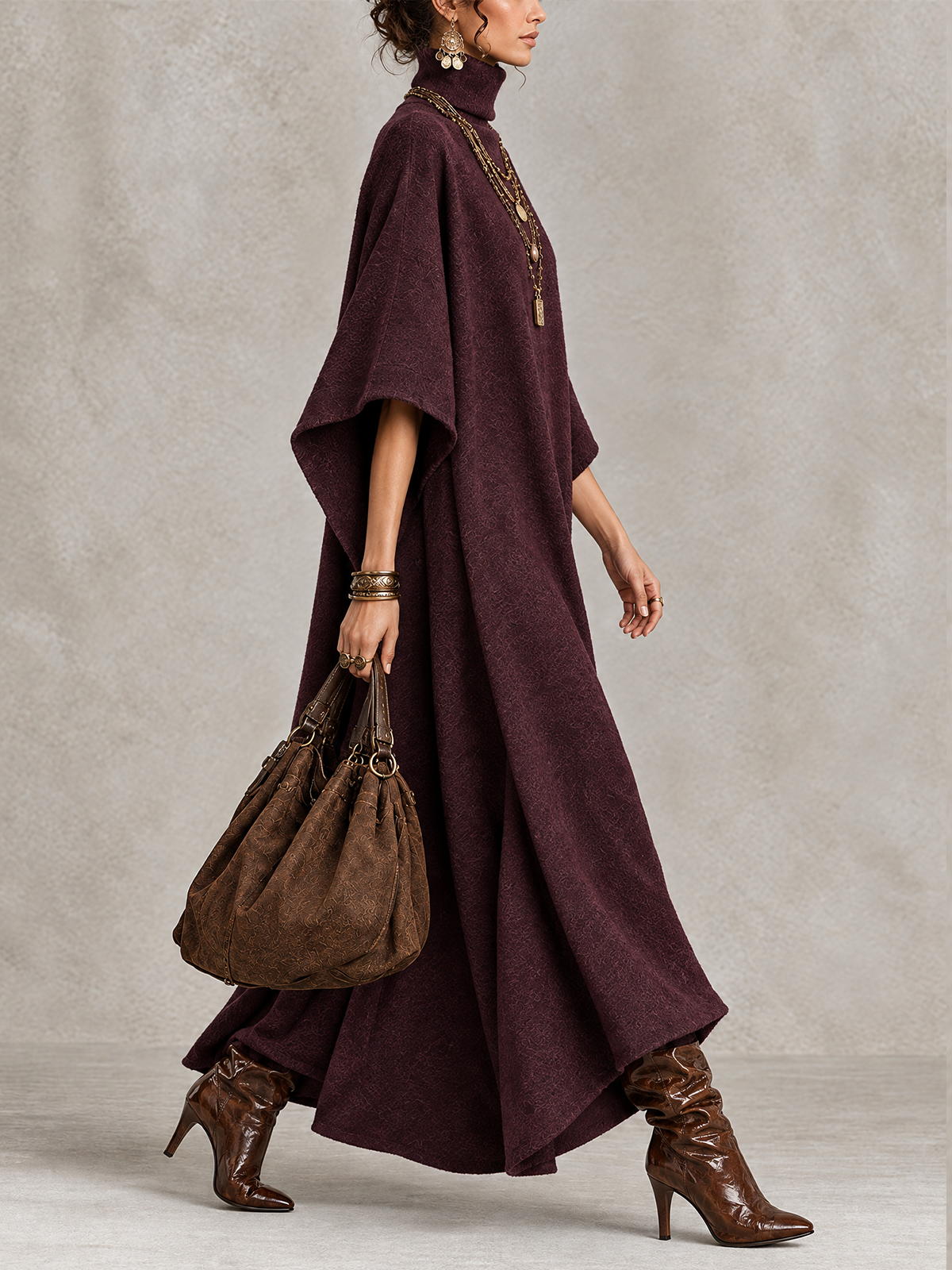 Plum Lightweight Wool Blend Turtleneck Batwing Maxi Dress