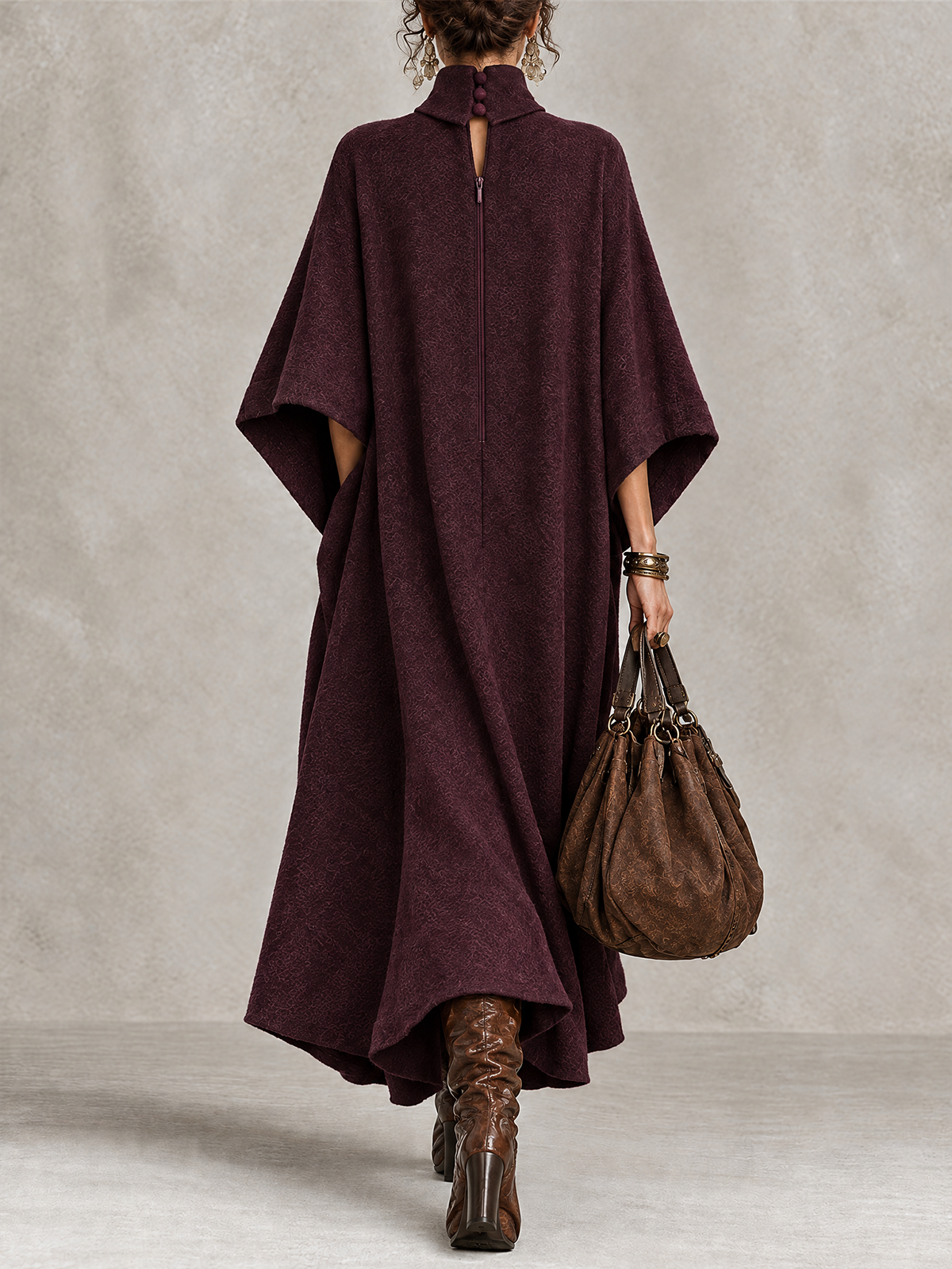 Plum Lightweight Wool Blend Turtleneck Batwing Maxi Dress
