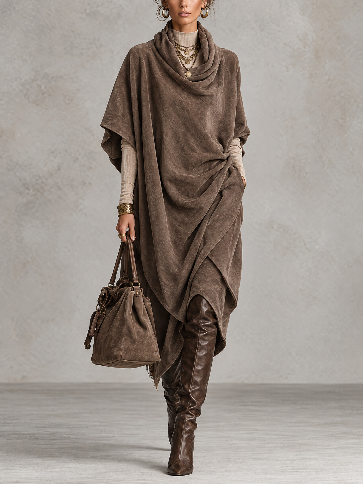 Taupe Suede Draped Cowl Neck Midi Dress With Cream Turtleneck Knit Layering Set