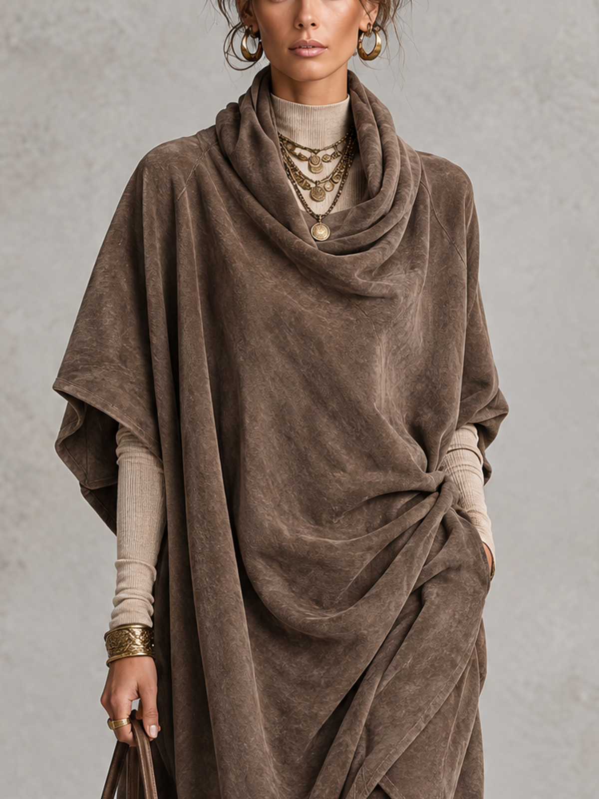 Taupe Suede Draped Cowl Neck Midi Dress With Cream Turtleneck Knit Layering Set