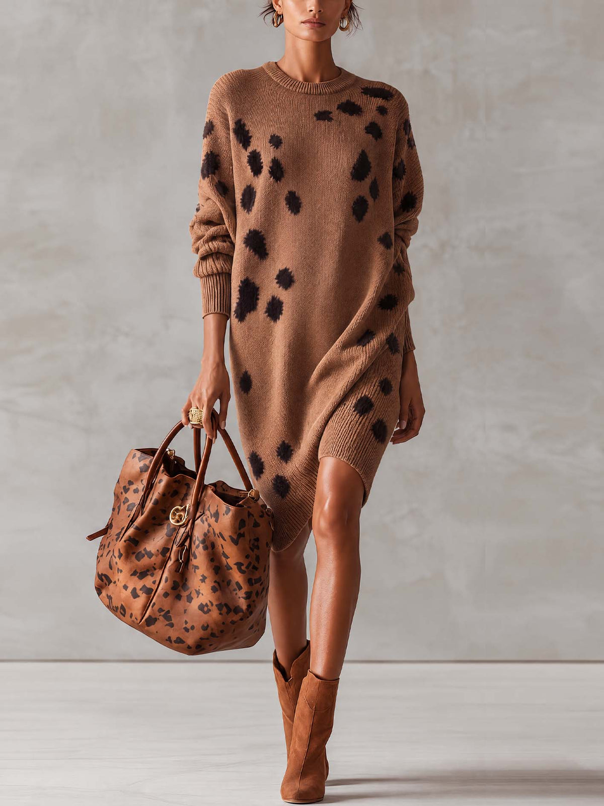 Camel Leopard Spot Textured Knit Midi Dress