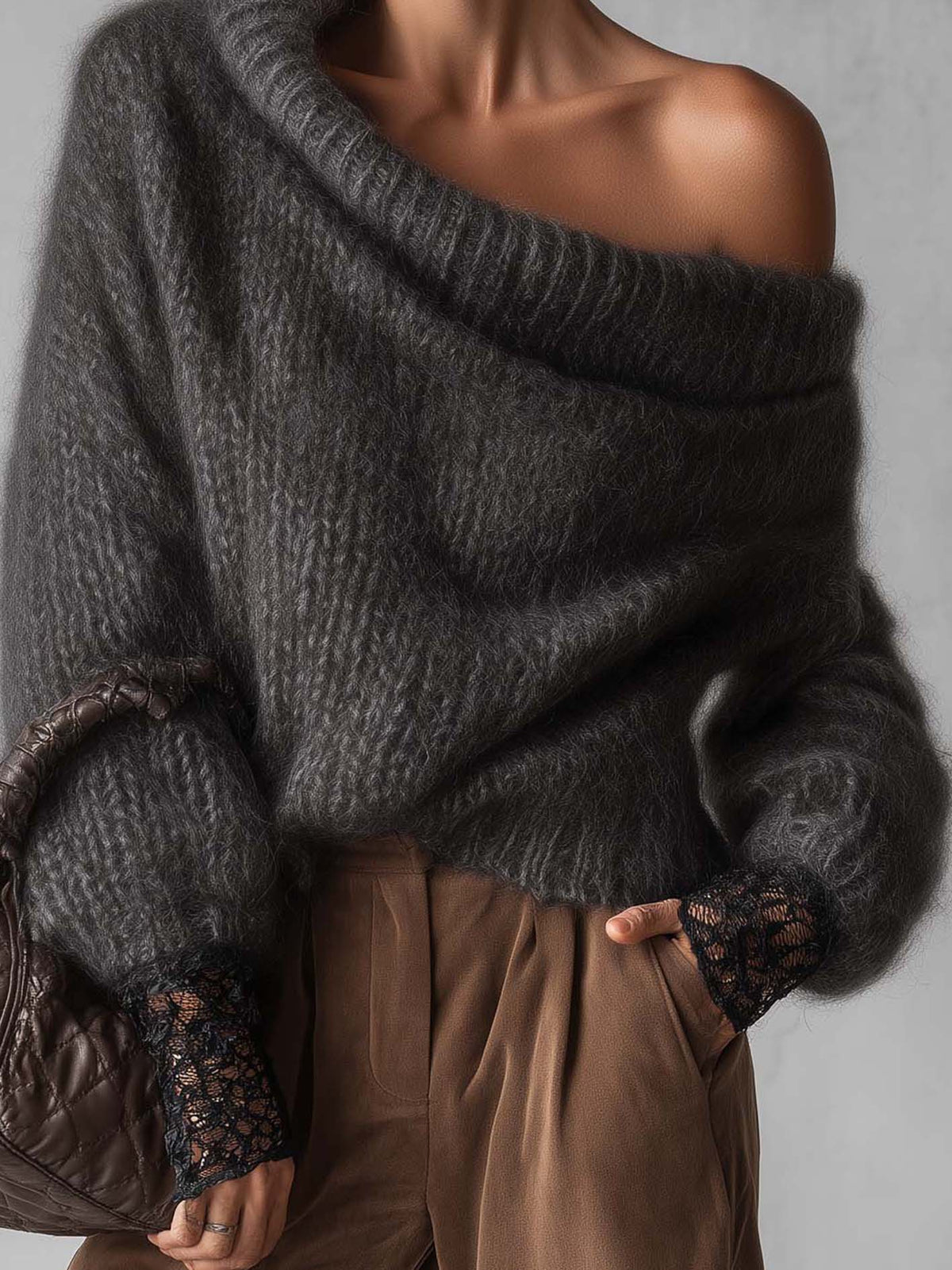Charcoal Gray Fuzzy Mohair One Shoulder Sweater With Sheer Lace Cuffs