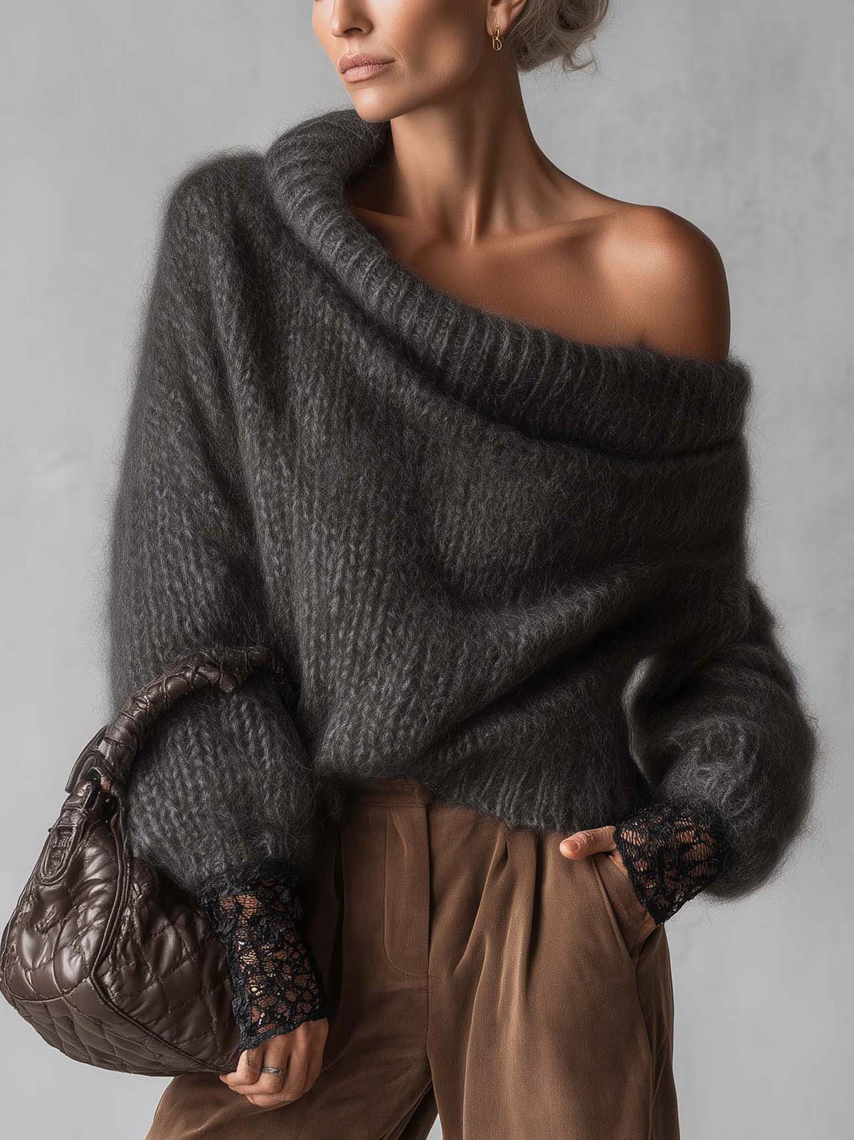 Charcoal Gray Fuzzy Mohair One Shoulder Sweater With Sheer Lace Cuffs