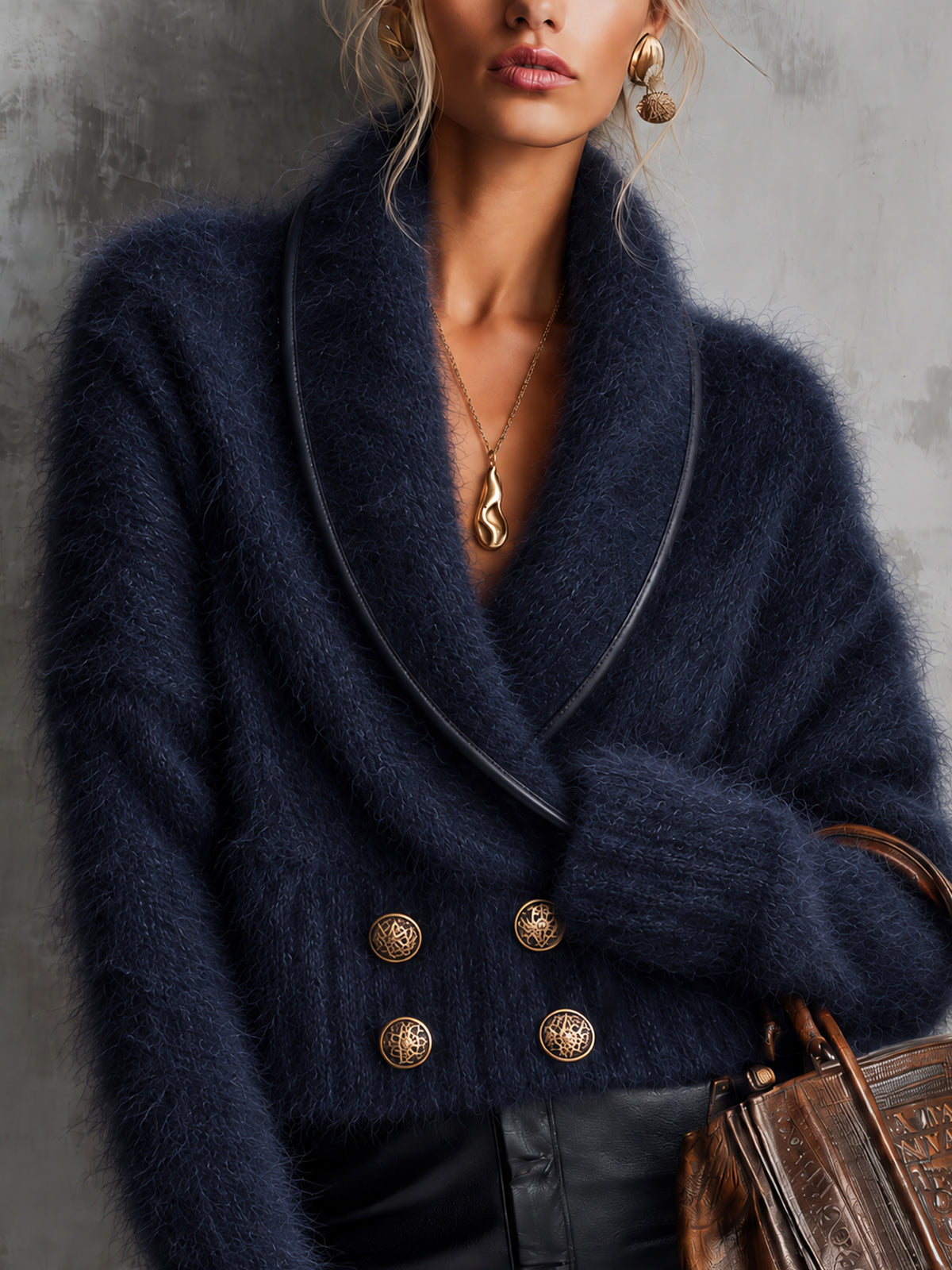 Navy Blue Fuzzy Mohair Knit Shawl Collar Double Breasted Cropped Sweater