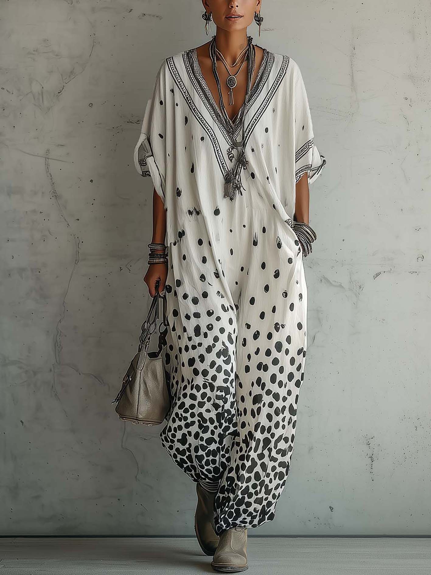 White Gradient Leopard Print Cotton Linen V-Neck Loose Jumpsuit
