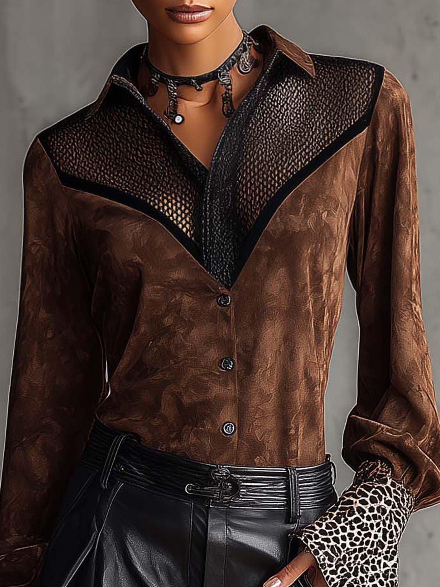 Brown Faux Suede Mesh Patchwork Leopard Cuff Blouse