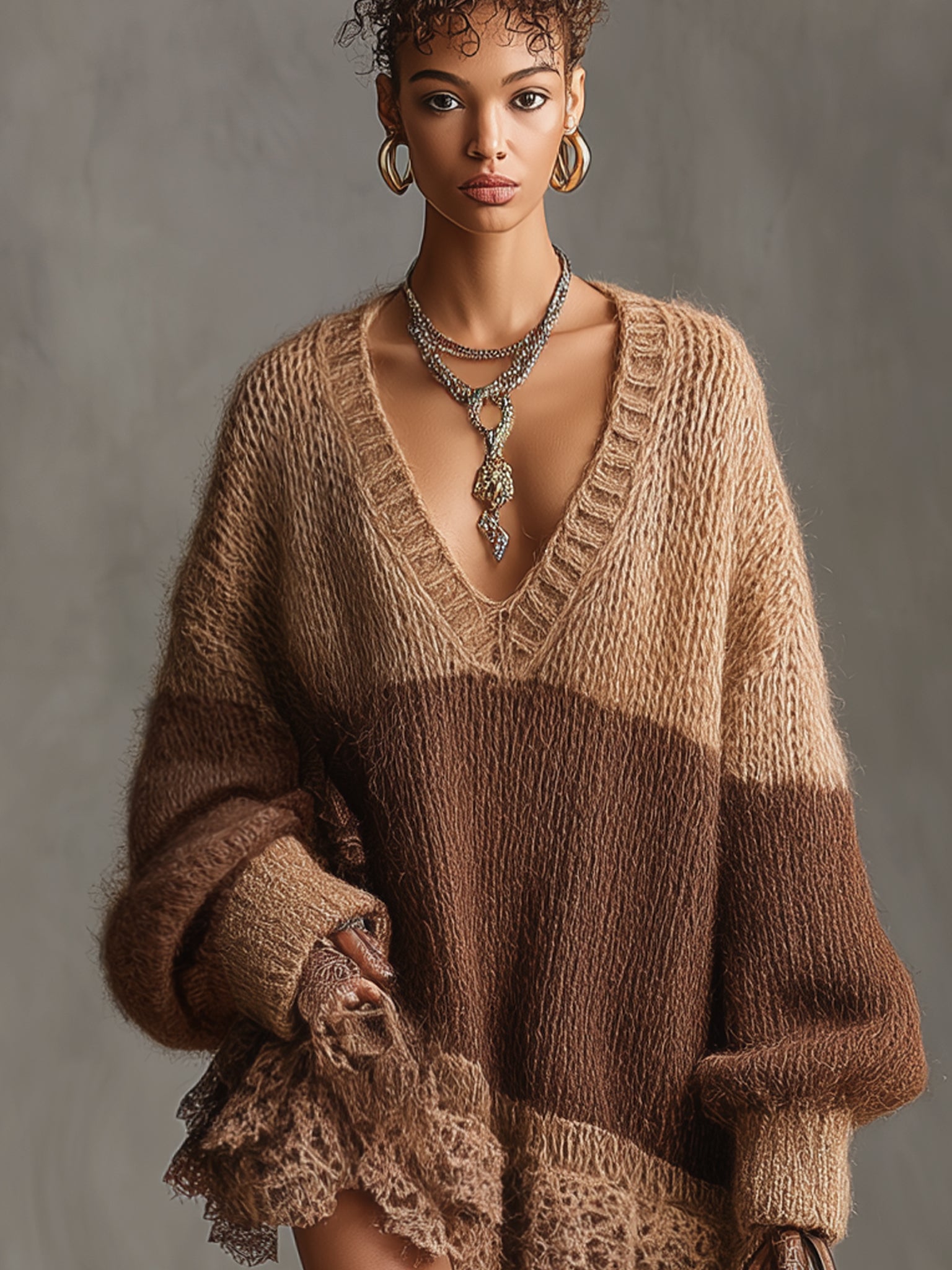 Brown Color Blocked Knit Long Sleeve Mini Dress With Lace Hem