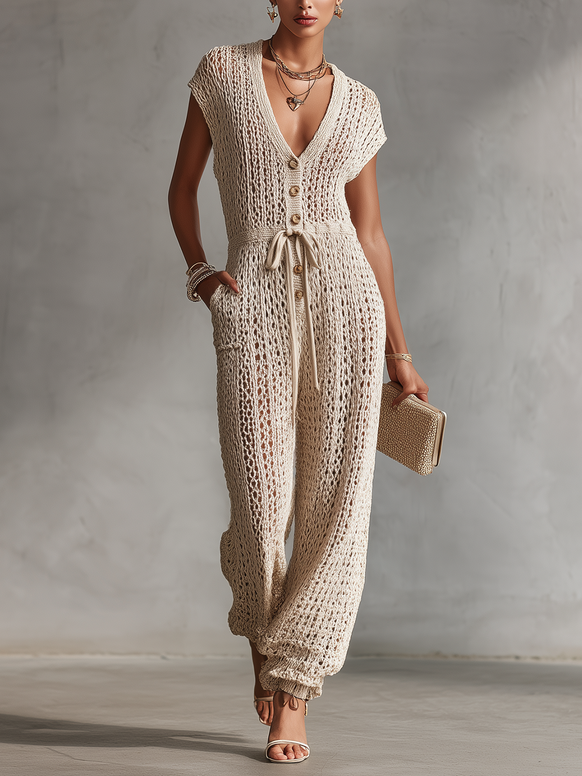 White Knit Crochet Button-Front Short Sleeve Jumpsuit