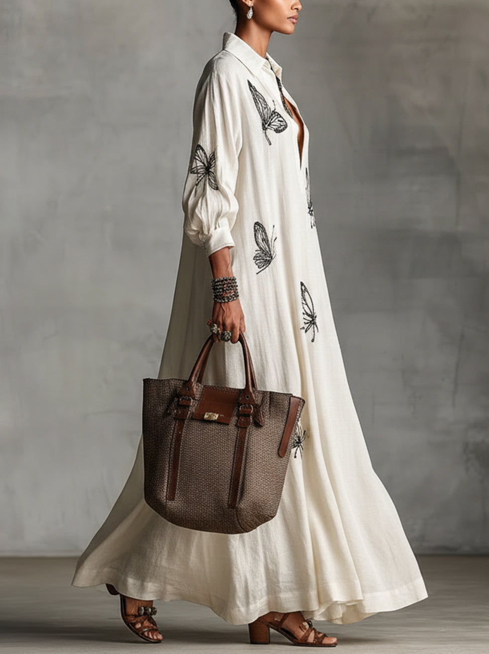 Ivory Colored Dress With Butterfly Embroidery