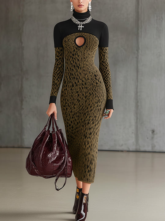 Leopard Print Patchwork Knit Midi Dress With Keyhole Cutout
