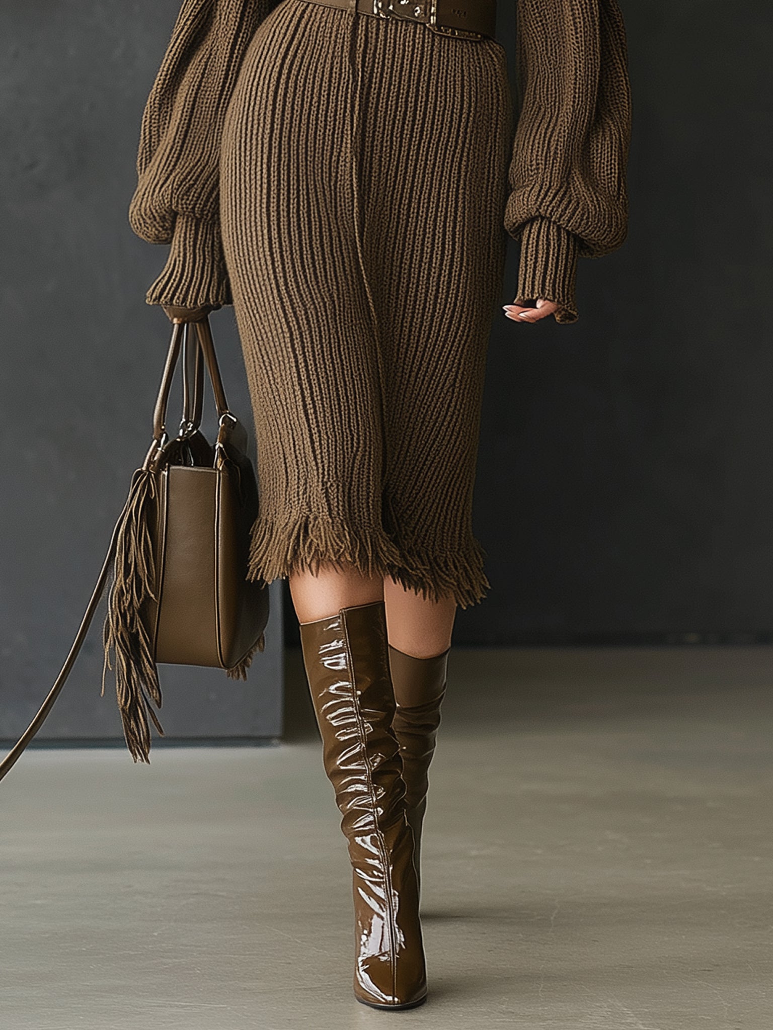 Brown Ribbed Knit Turtleneck Long Sleeve Dress With Belt