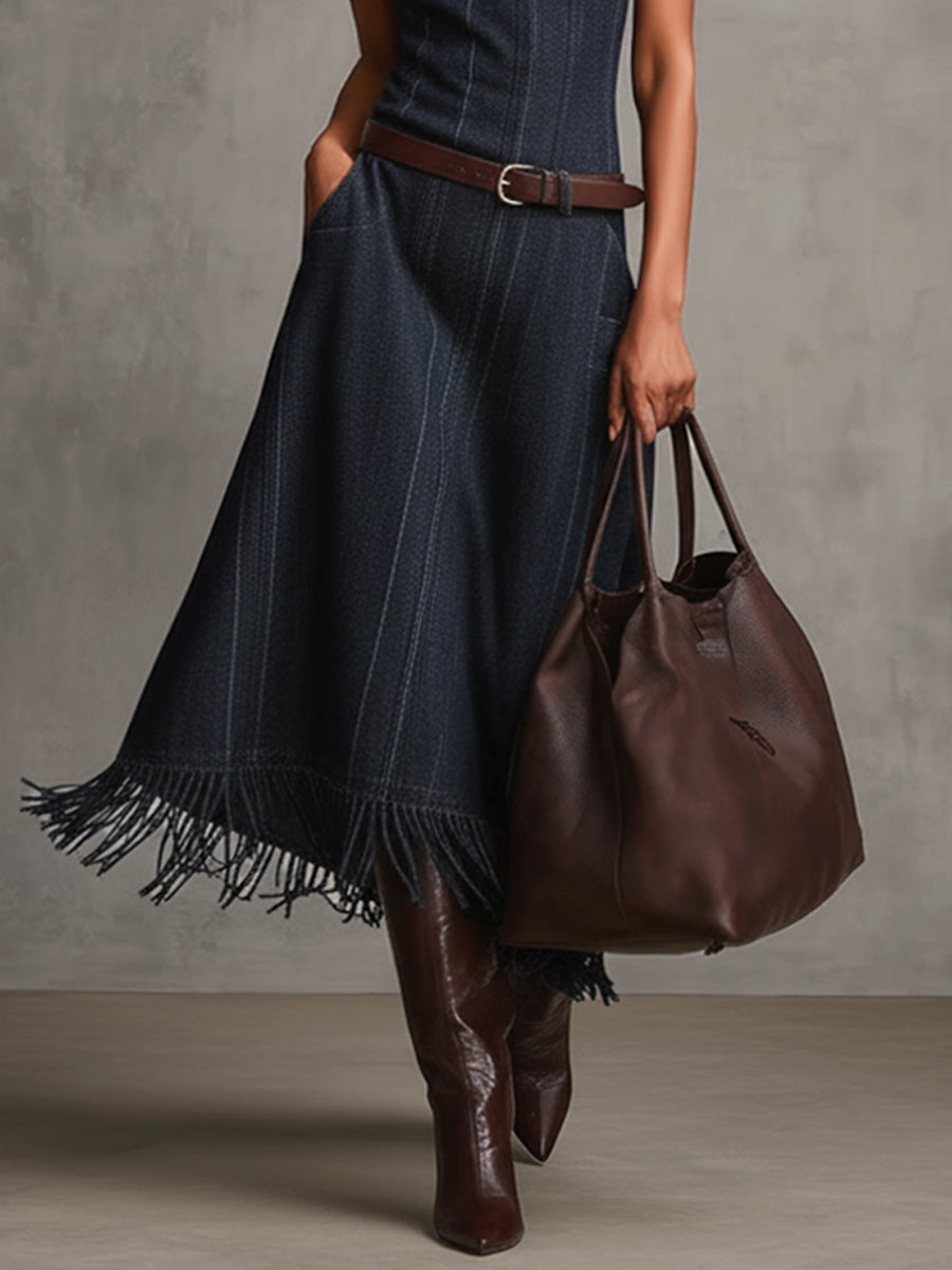 Blue Washed Cotton Sleeveless Turtleneck Dress With Fringe Hem And Belt