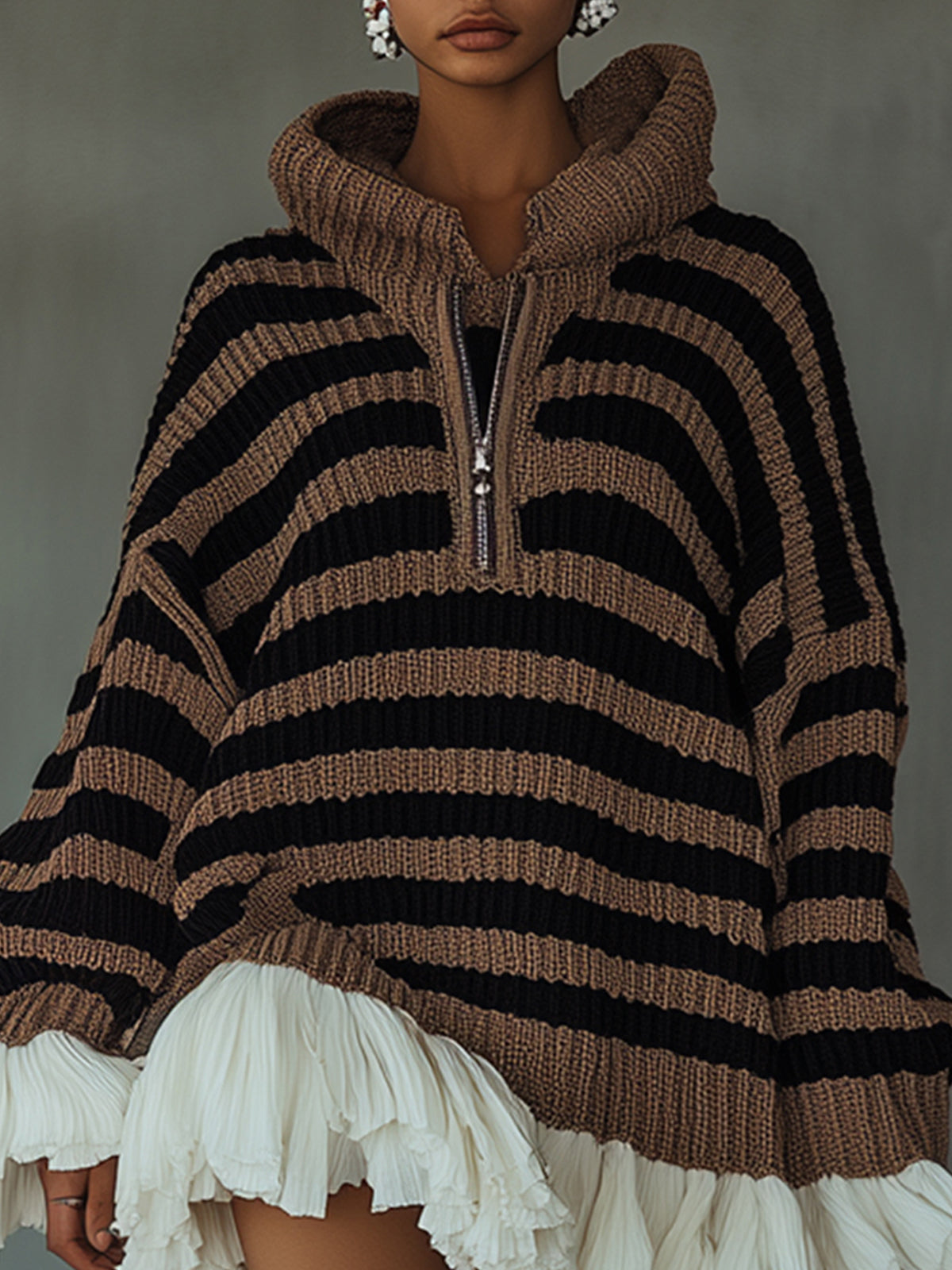 Striped Knit Ruffle Hem Hoodie Dress