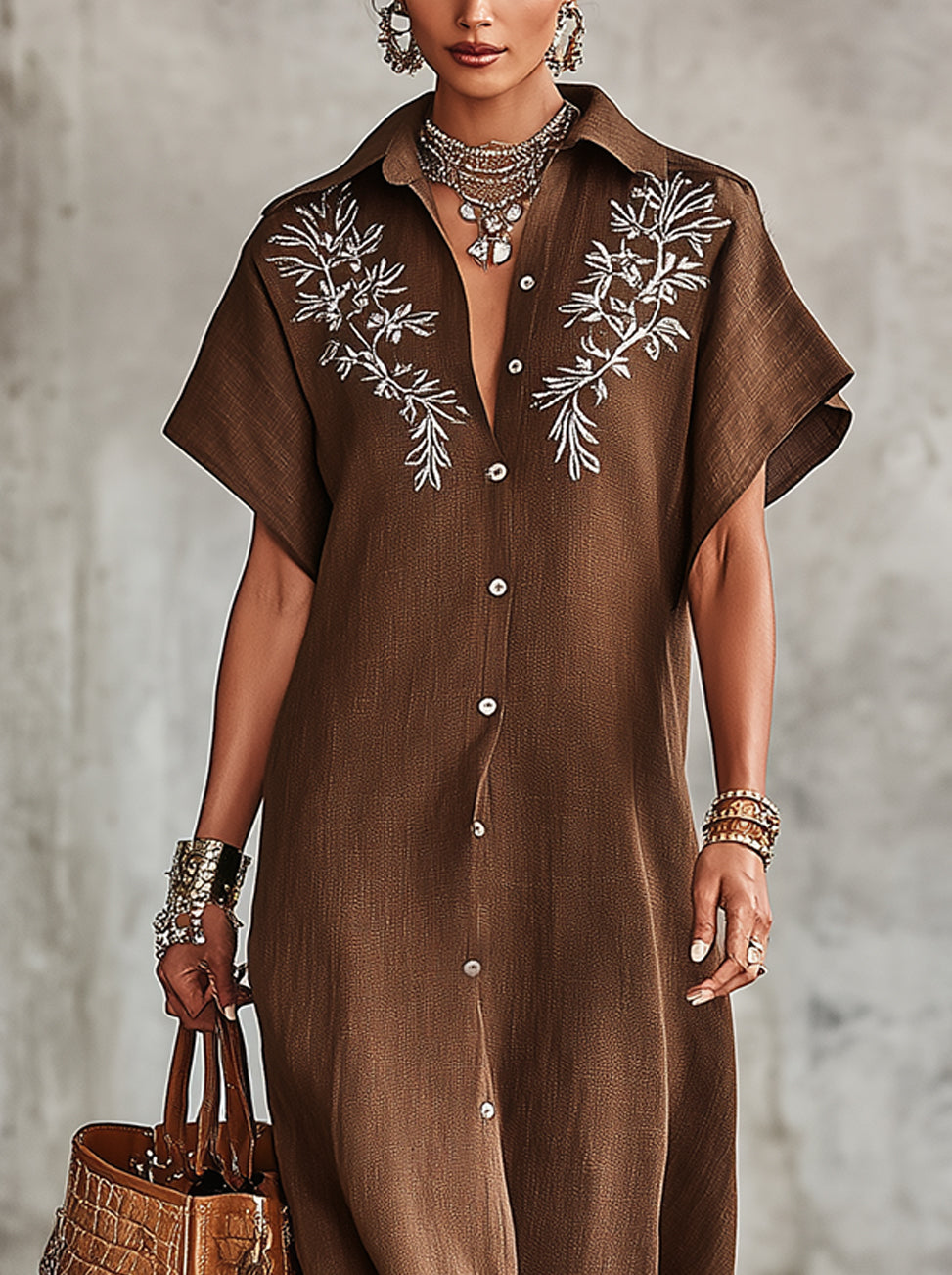 Brown Embroidered Button-Down Maxi Shirt Dress