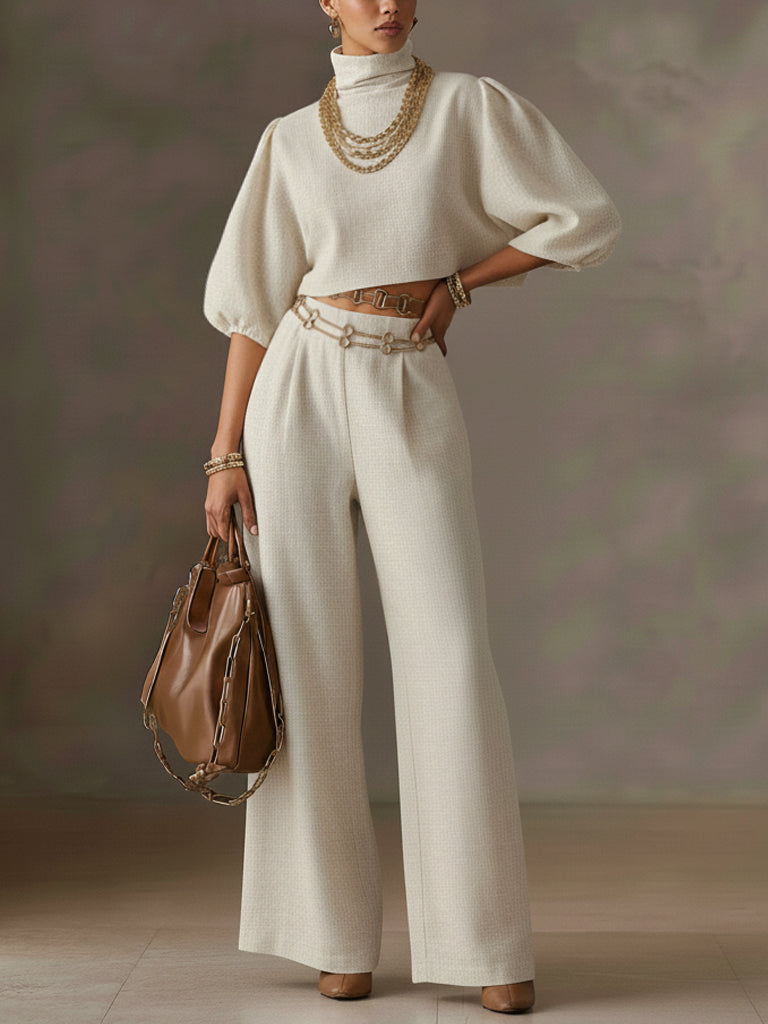 Cream Puff Sleeve Loose Top And Wide Leg Pants Set