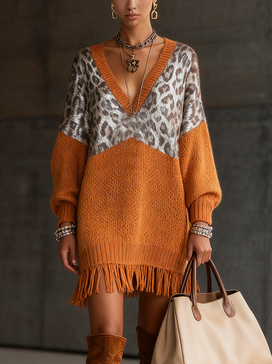 Leopard Print And Orange Knit Dress With Fringed Hem