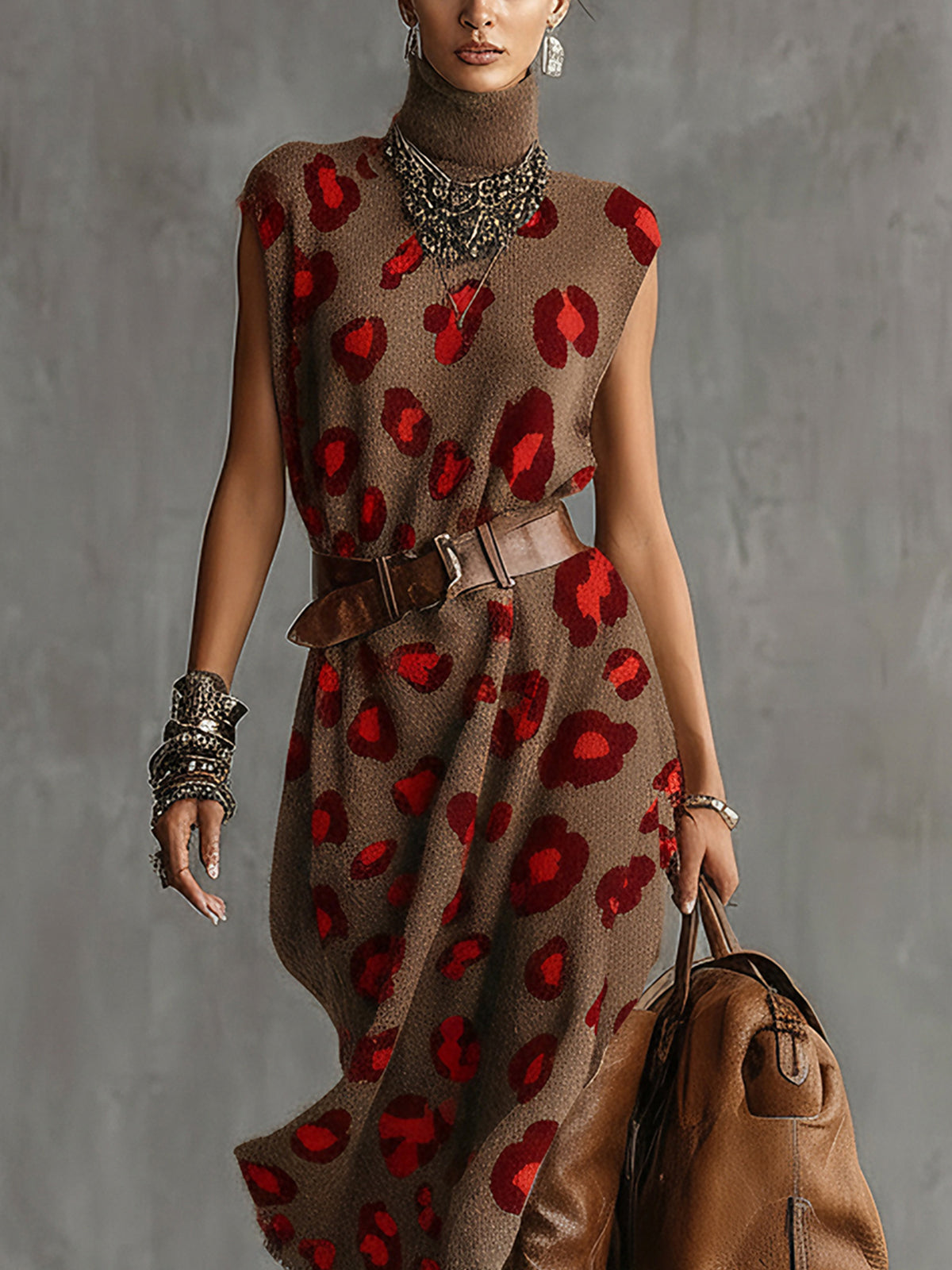 Brown And Red Leopard Print Sleeveless Turtleneck Knit Midi Dress With Belt