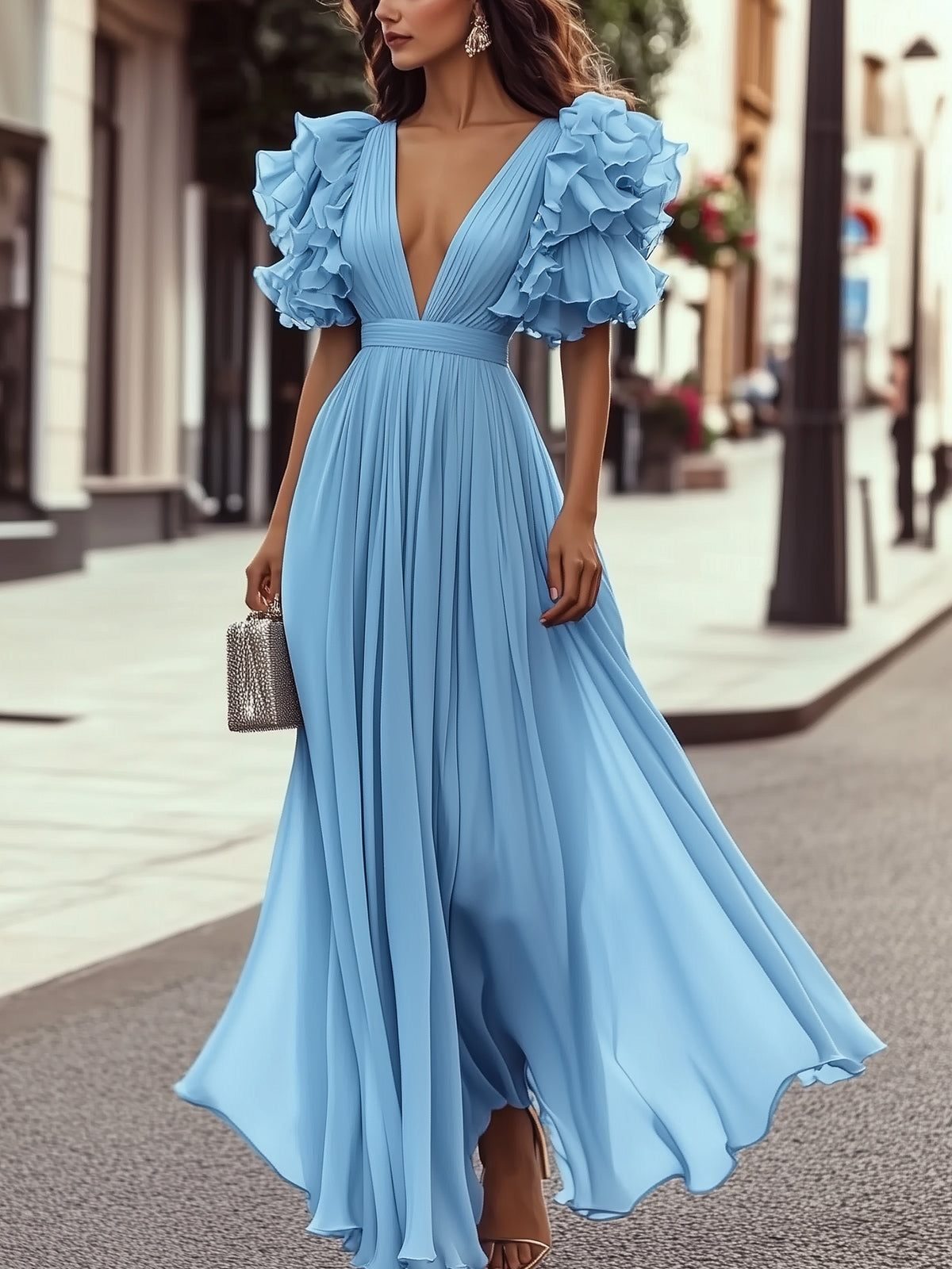 24-Hour-Shipping Ruffled Short-Sleeve V-Neck Chiffon Maxi Dress