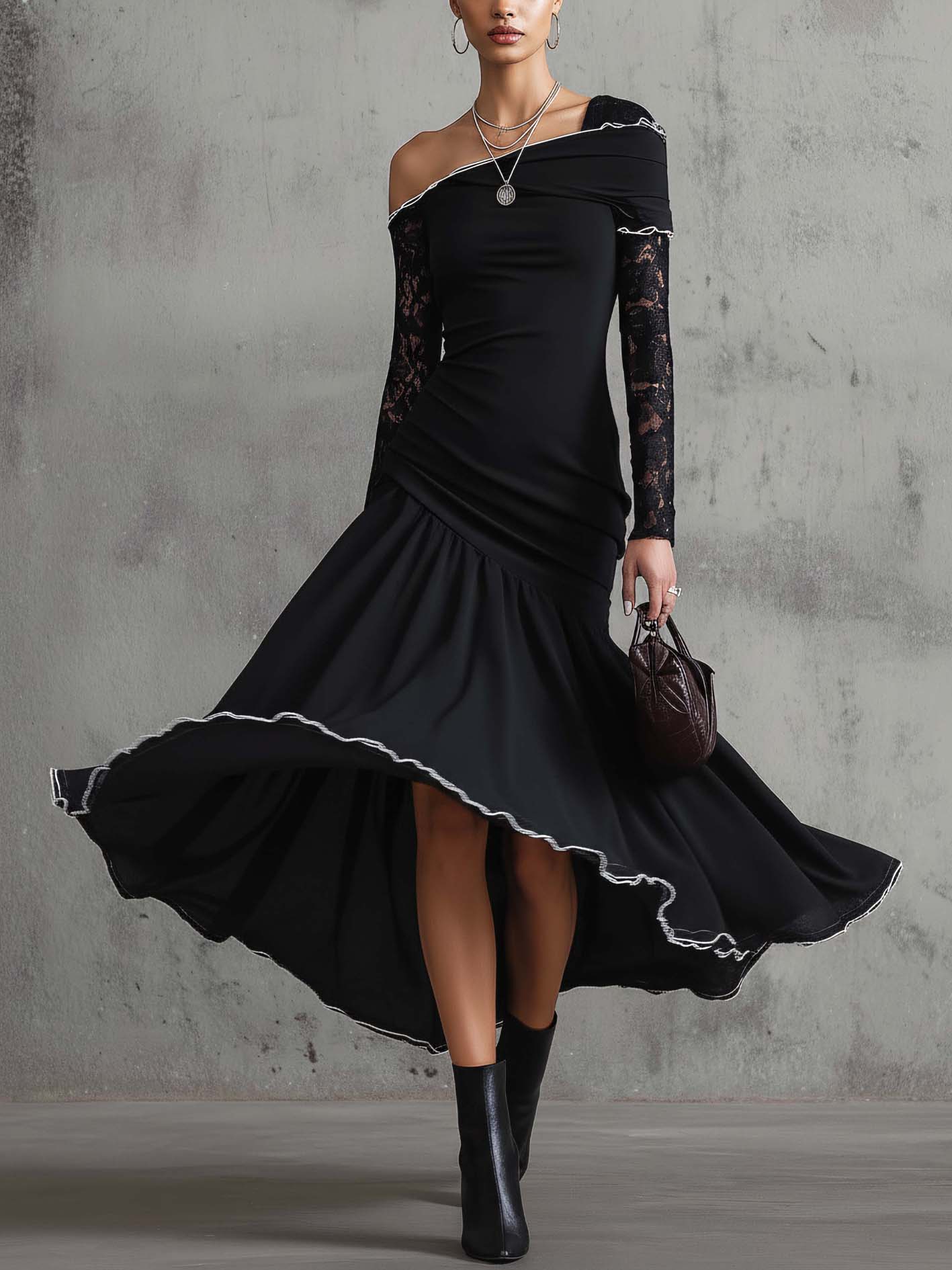 Black One Shoulder Lace Sleeve Bodycon Chiffon Patchwork Dress