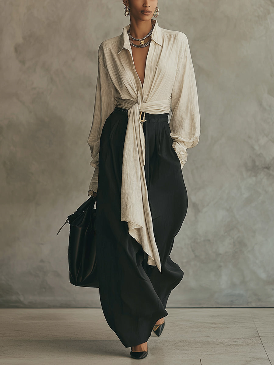 Cream And Black Linen Blend Tie Front Shirt And Trousers Set