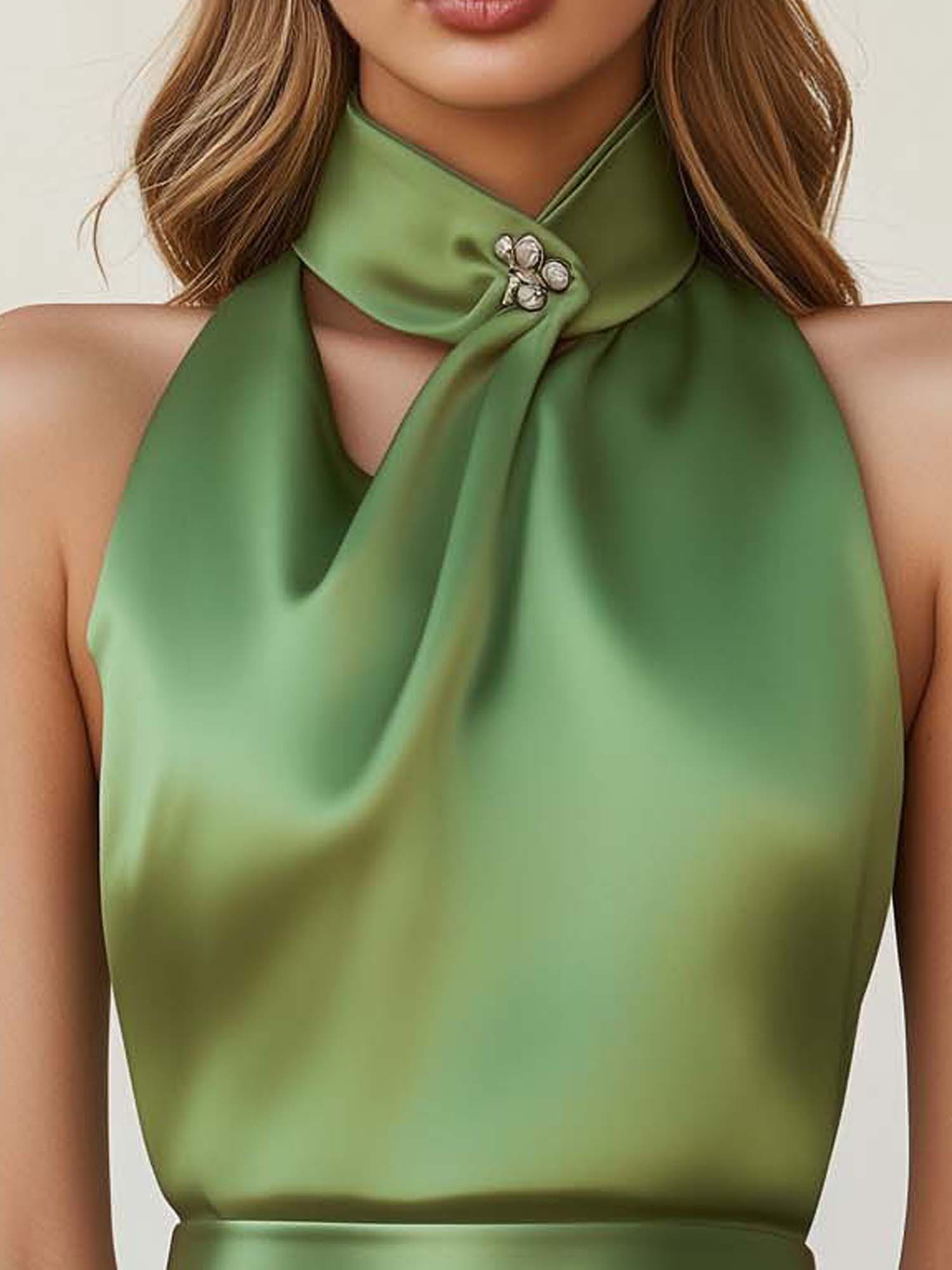 Stylish Round Neck Pleated Green Sleeveless Shirt