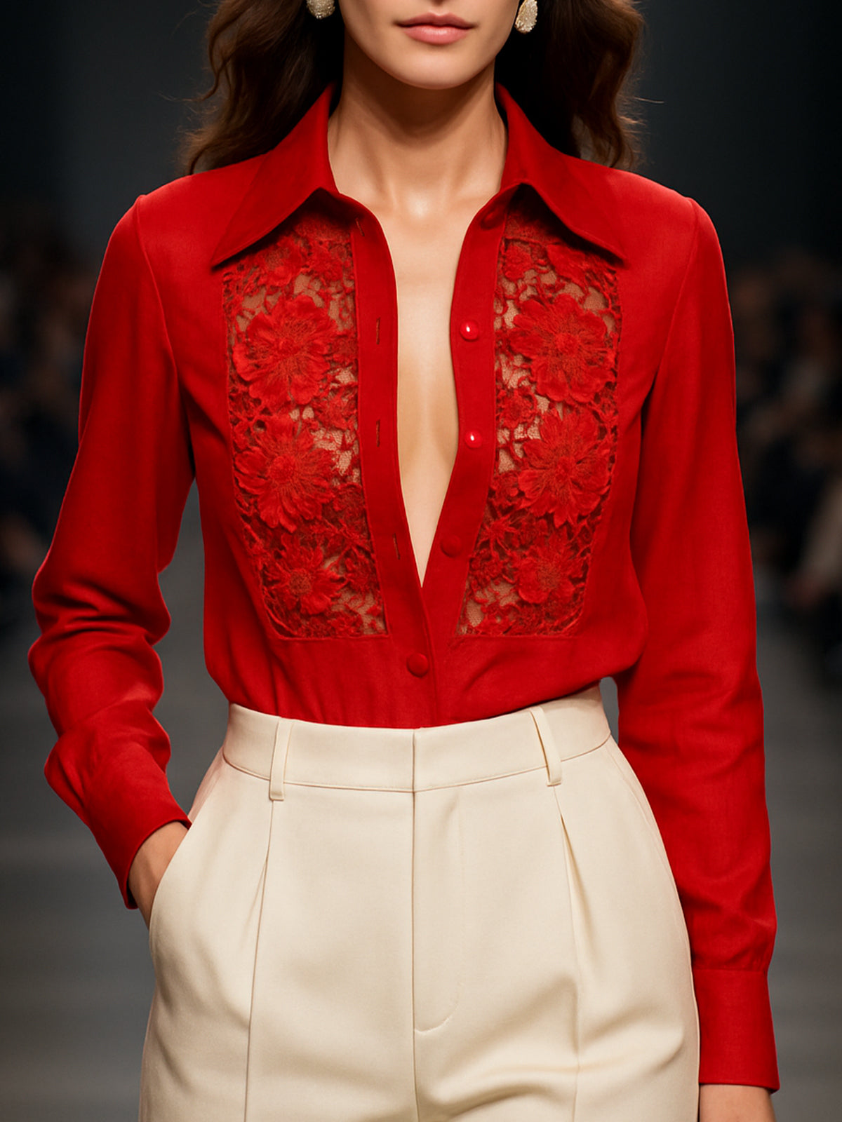 Bold Red Lace Panel Button Blouse