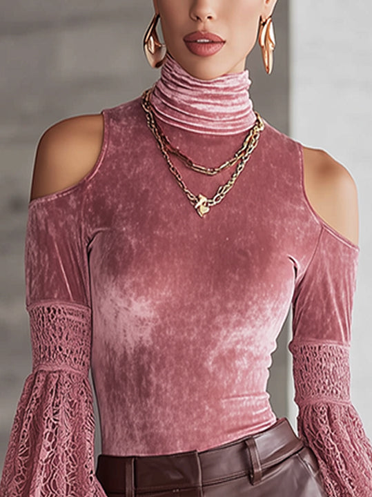 Pink Velvet Cold Shoulder High Neck Shirt With Lace Puff Sleeves