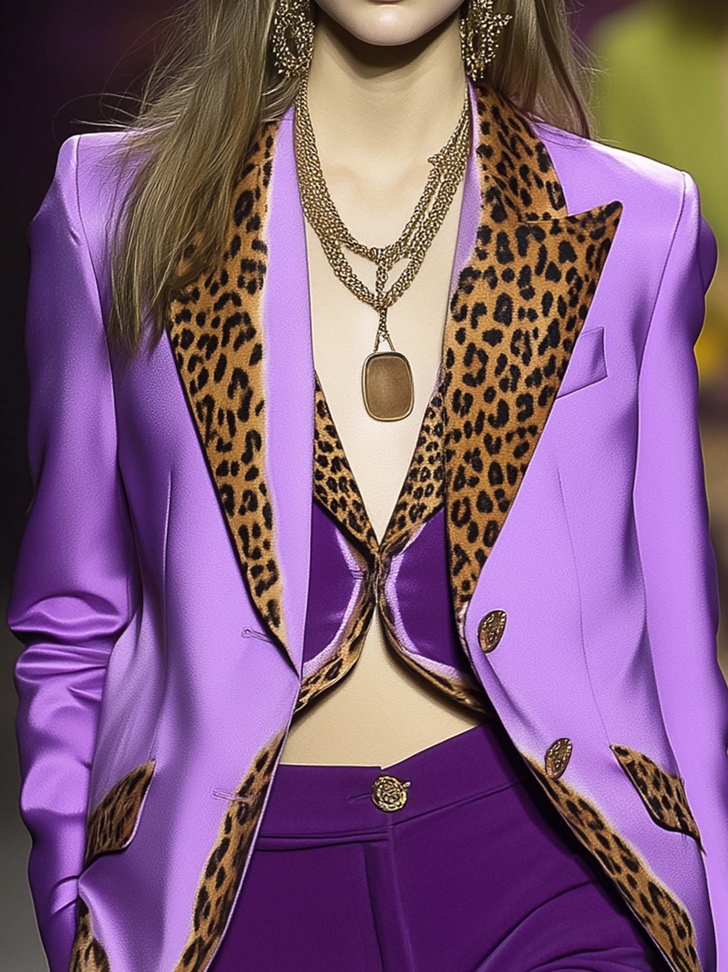 Plush Purple Satin Blazer With Leopard Print