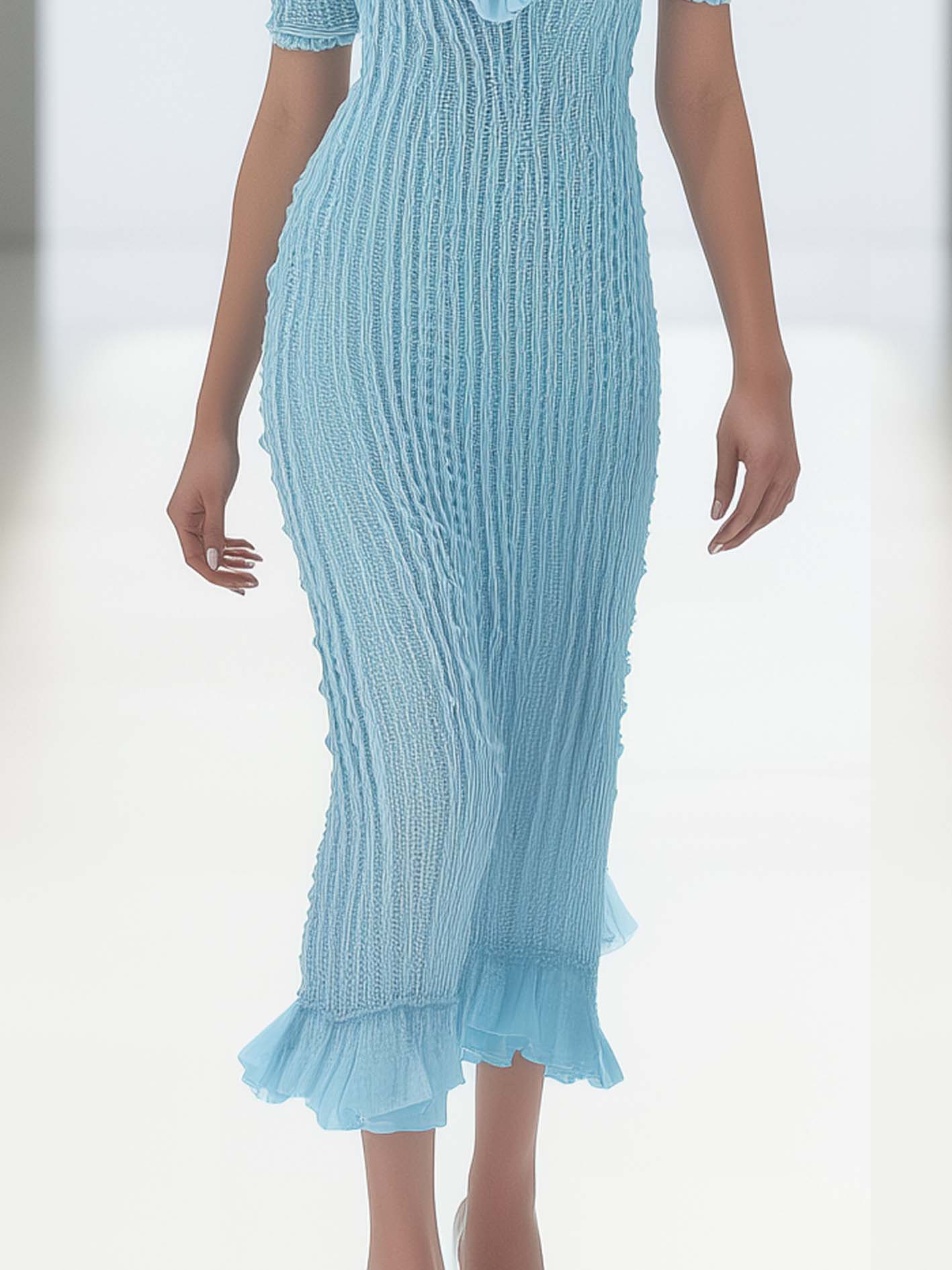Light Blue Knit Maxi Bodycon Dress With Ruffle Trim
