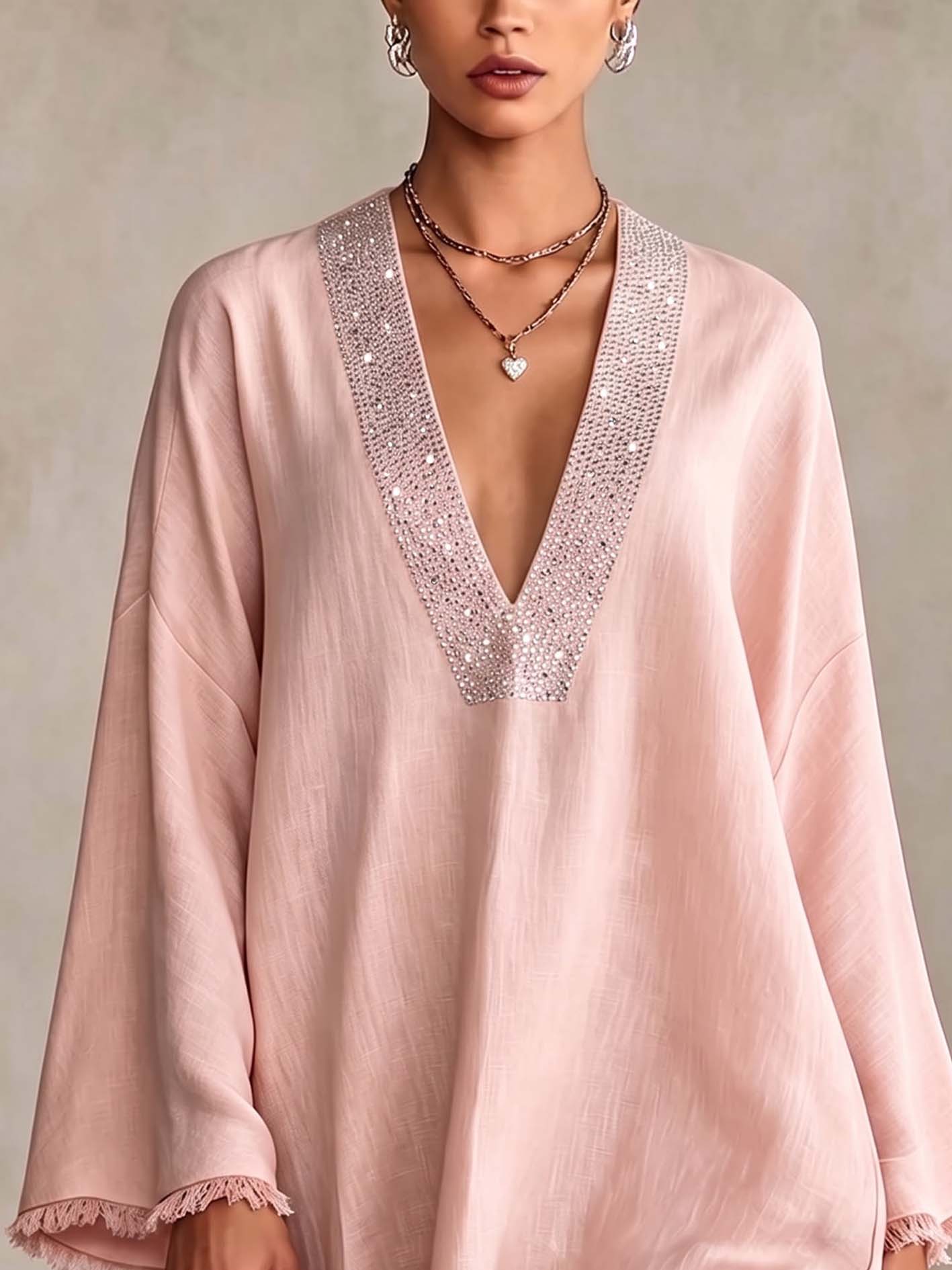Blush Pink Linen Mini Dress With Rhinestone Trim And Fringe Hem