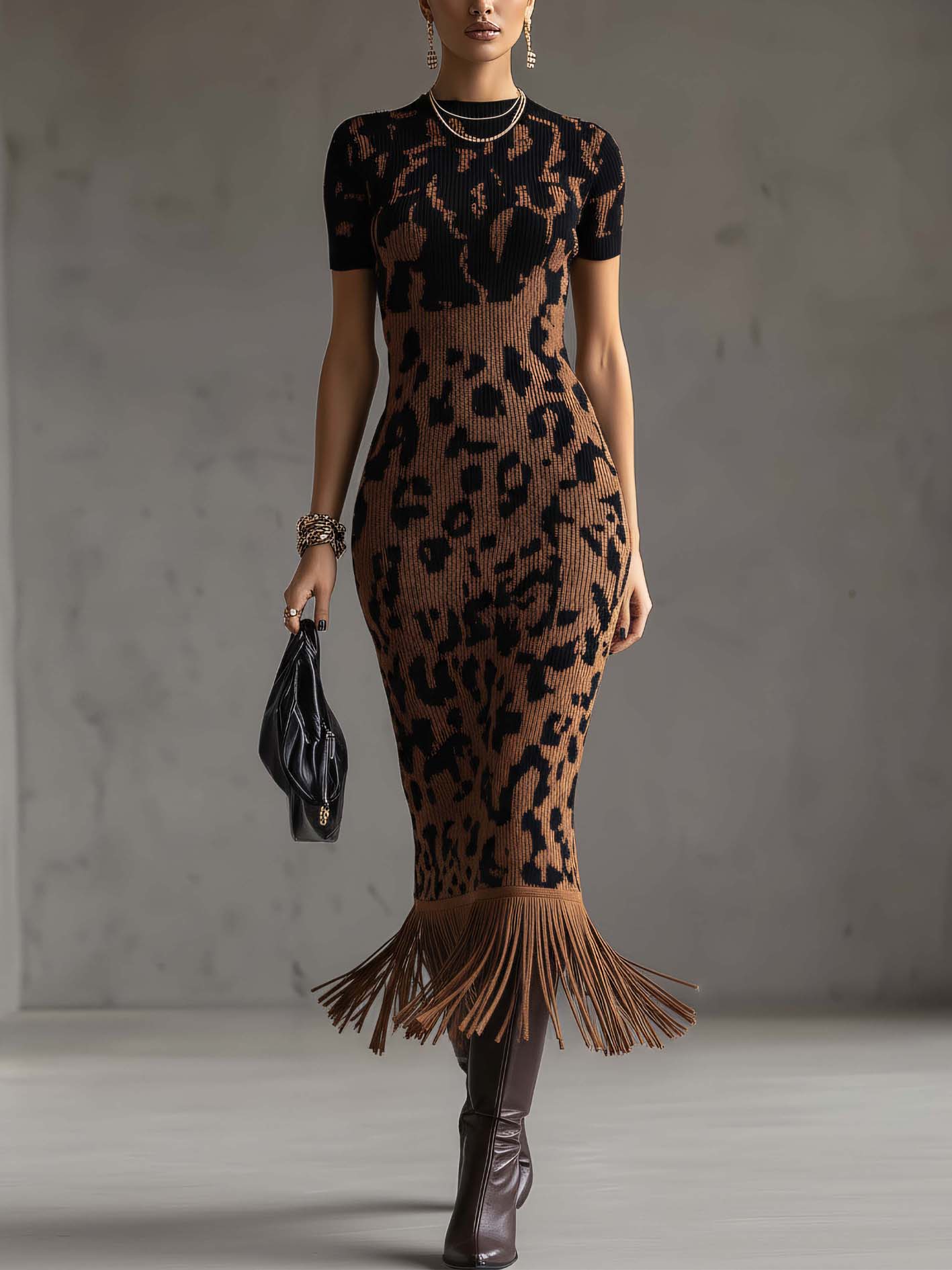 Brown Leopard Print Patchwork Fringe Knit Bodycon Midi Dress