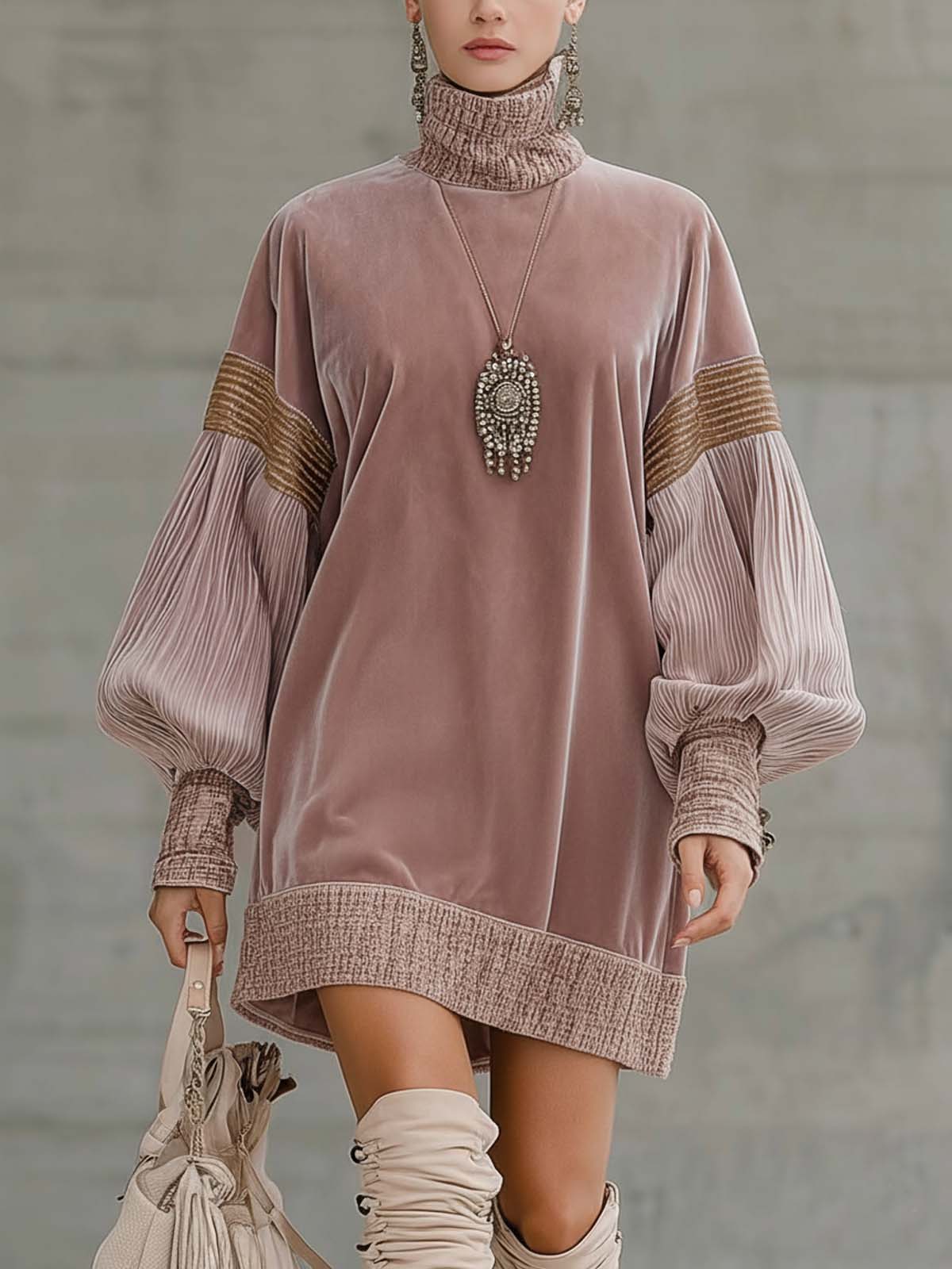 Light Pink Velvet And Corduroy High Neck Loose Mini Dress