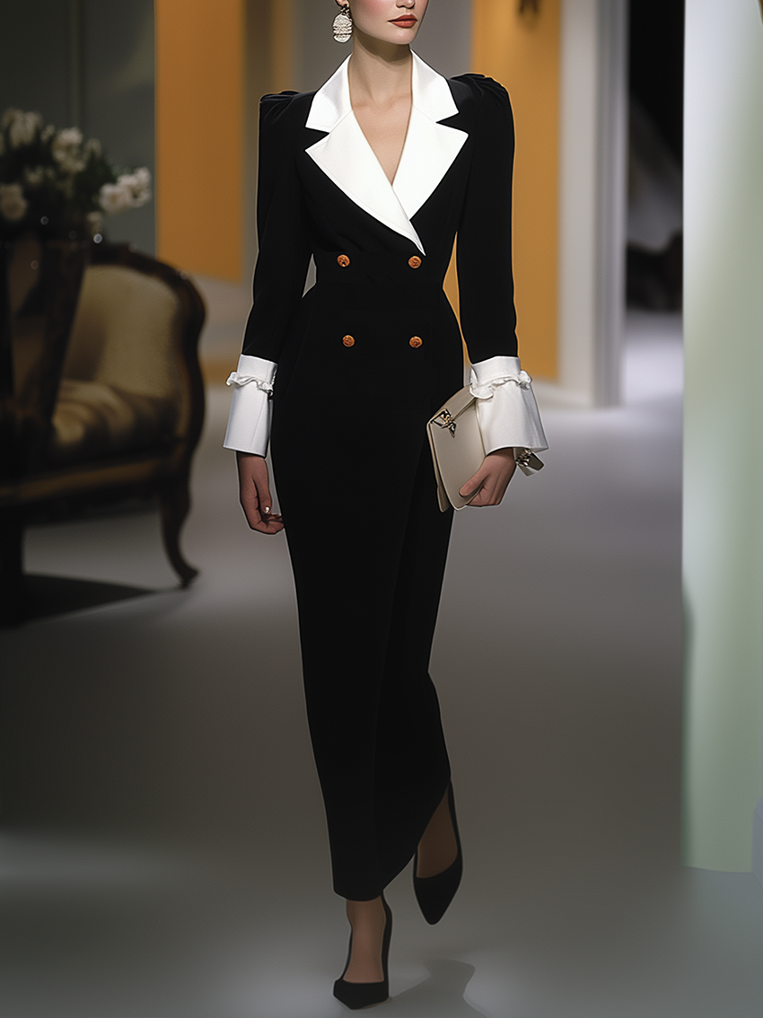 Black Maxi Suit Dress With White Lapels