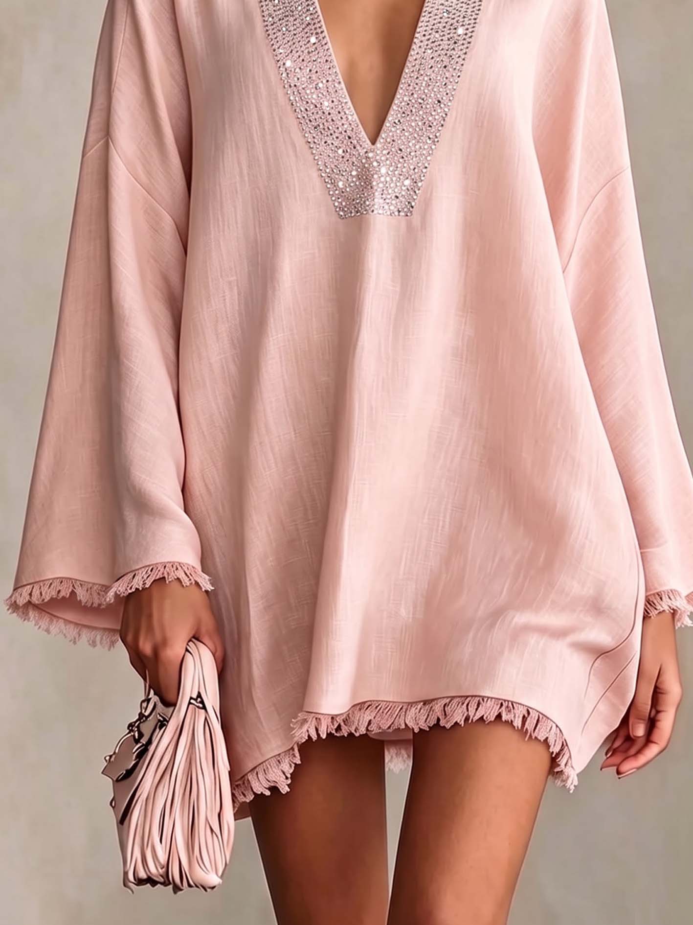 Blush Pink Linen Mini Dress With Rhinestone Trim And Fringe Hem
