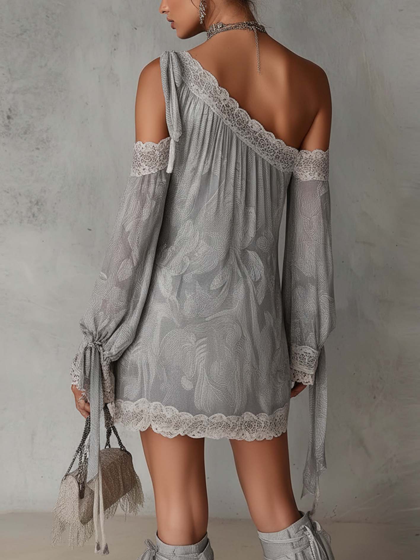 Light Gray Paisley Print Chiffon One Shoulder Lace Trim Mini Dress