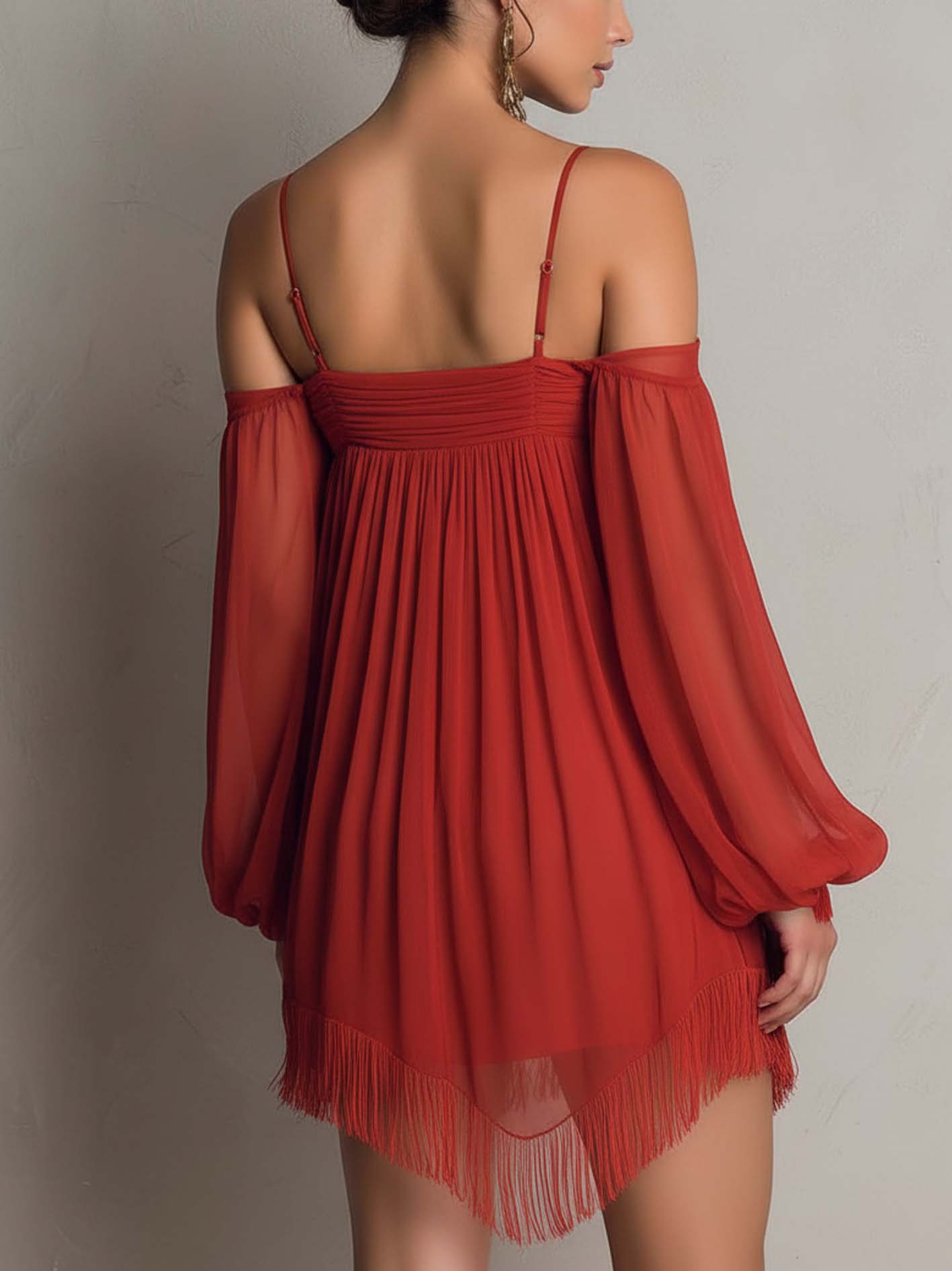 Terracotta Chiffon Off-Shoulder Mini Dress With 3D Floral And Fringe Hem