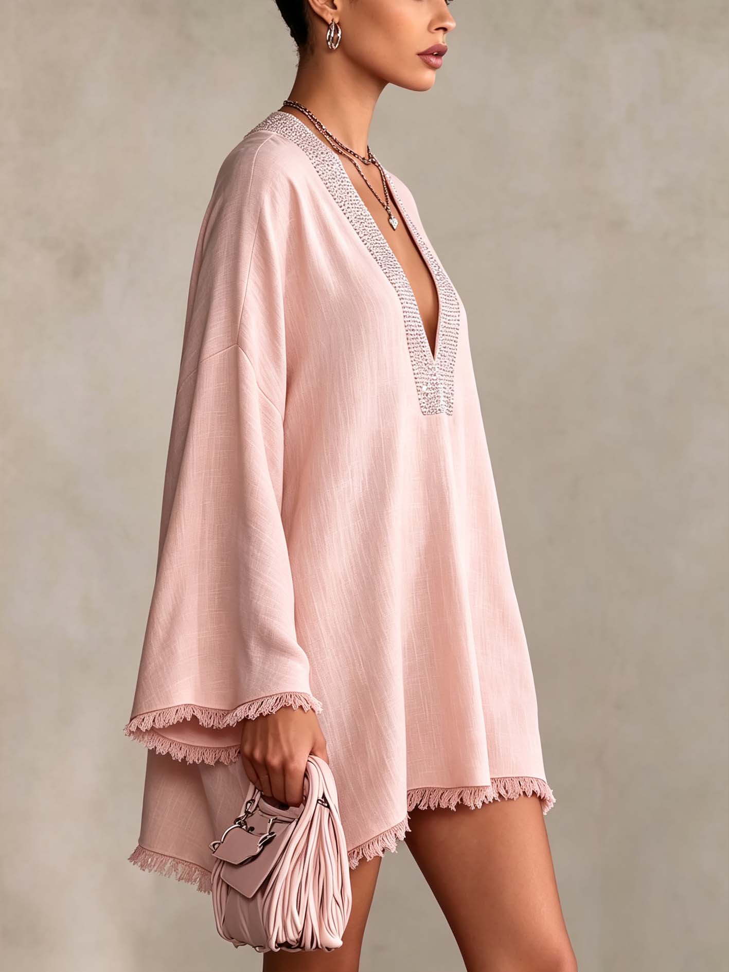 Blush Pink Linen Mini Dress With Rhinestone Trim And Fringe Hem