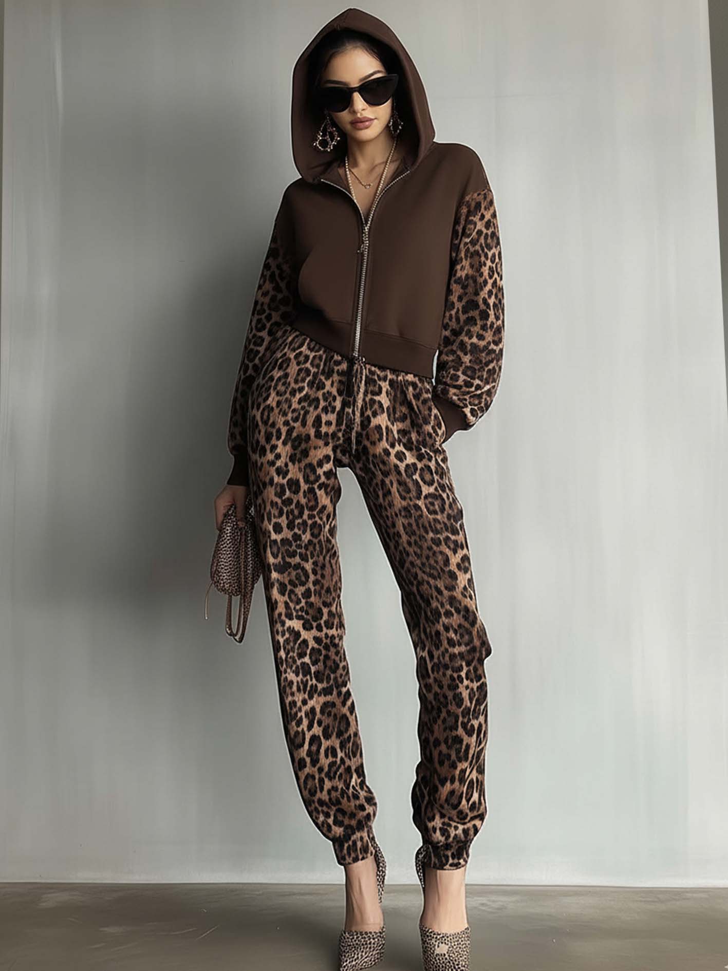 Brown Hooded Sweatshirt Jumpsuit With Leopard Print