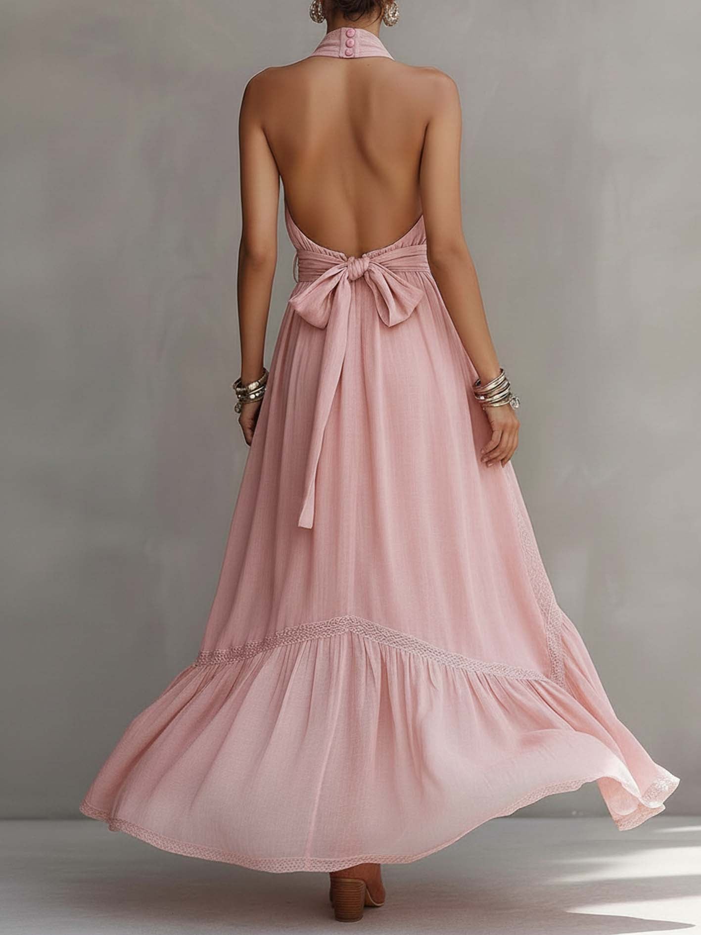 Pink Cotton Linen Patchwork Lace Trim V-Neck Sleeveless Maxi Dress