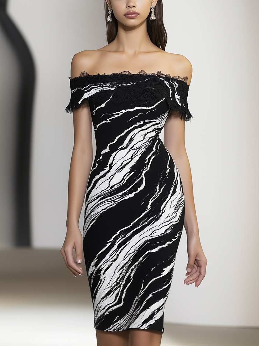 Off Shoulder Black Mdi Bodycon Dress With Print And Lace