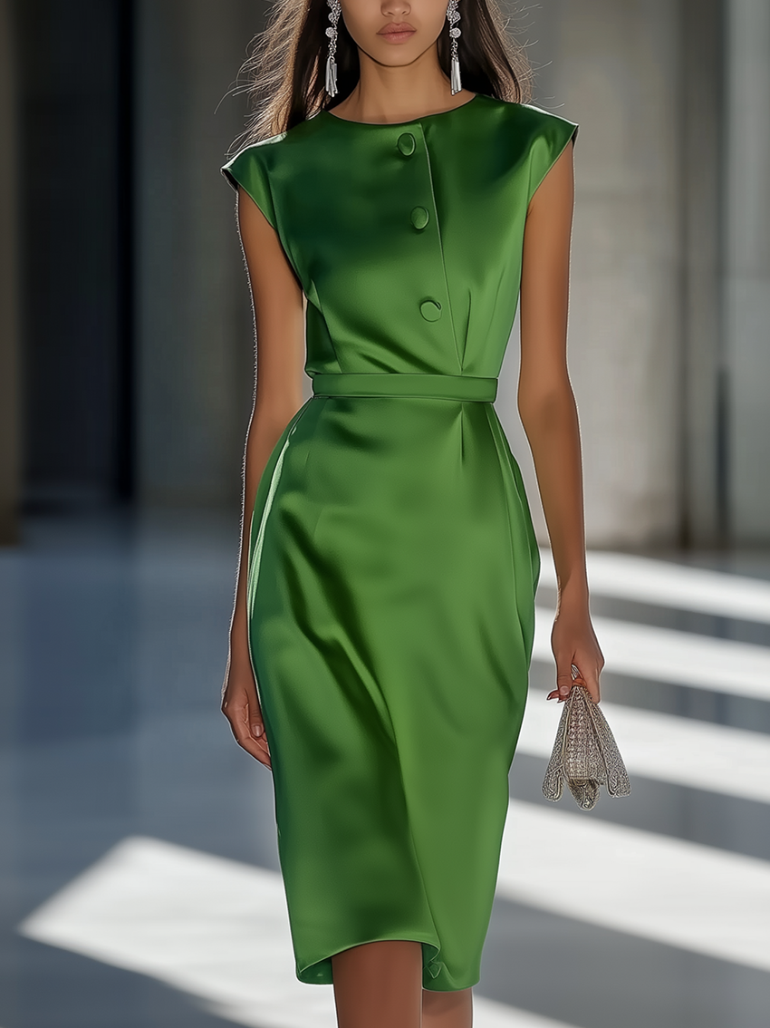 Sleeveless Green Satin Midi Bodycon Dress With Button Trim