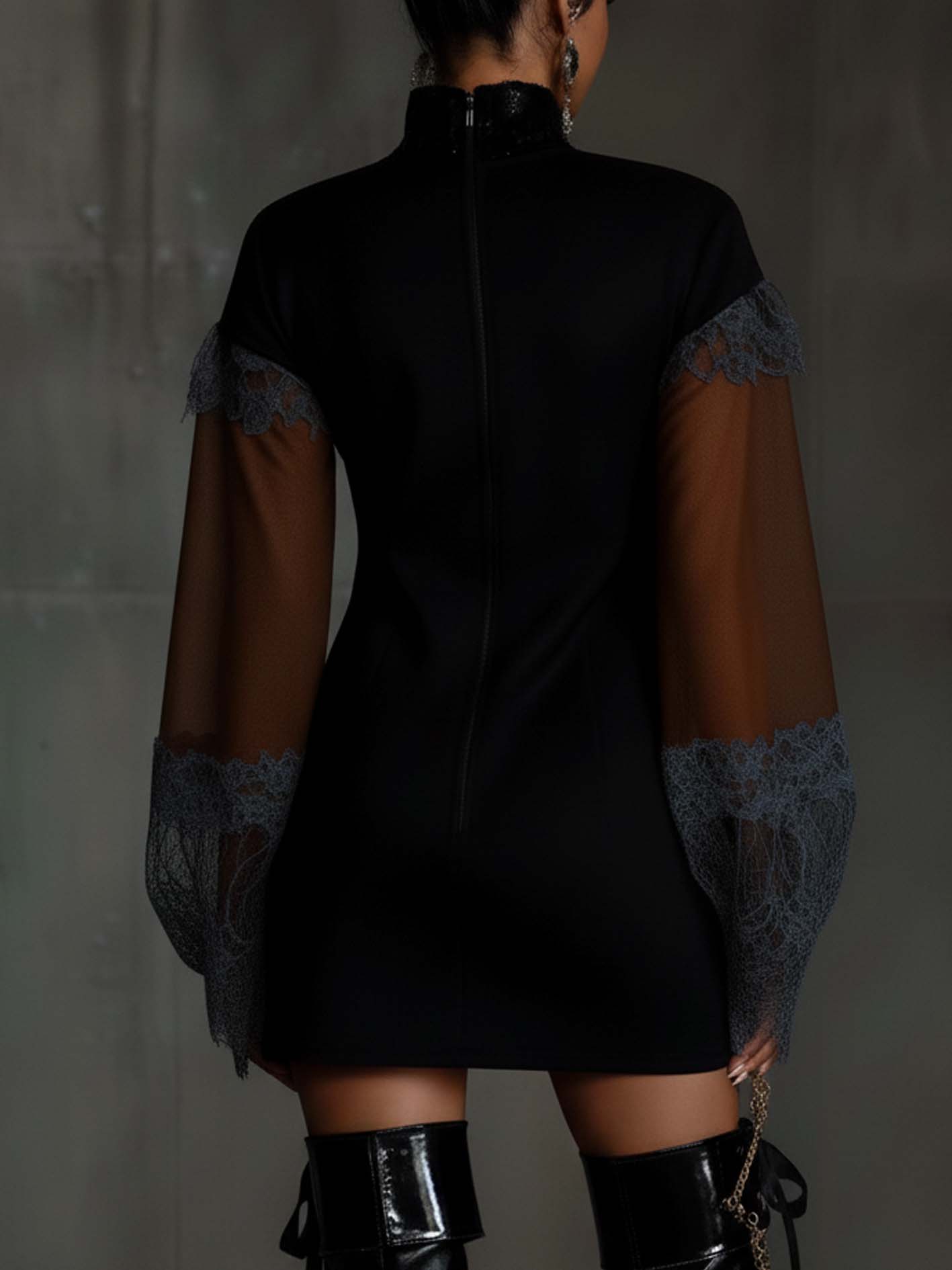 Black Faux Suede Mini Dress With Lace And Paneled Sleeves