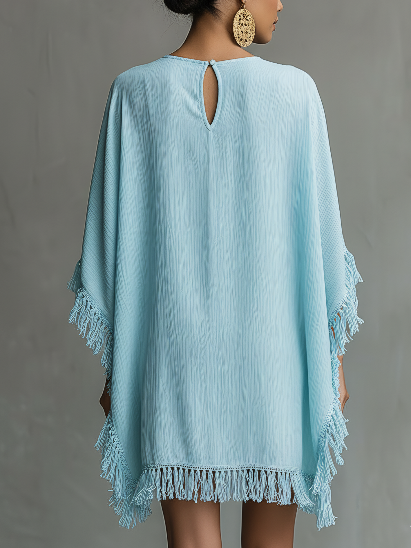 Vintage Embroidered Sky Blue Textured Fringe Mini Dress