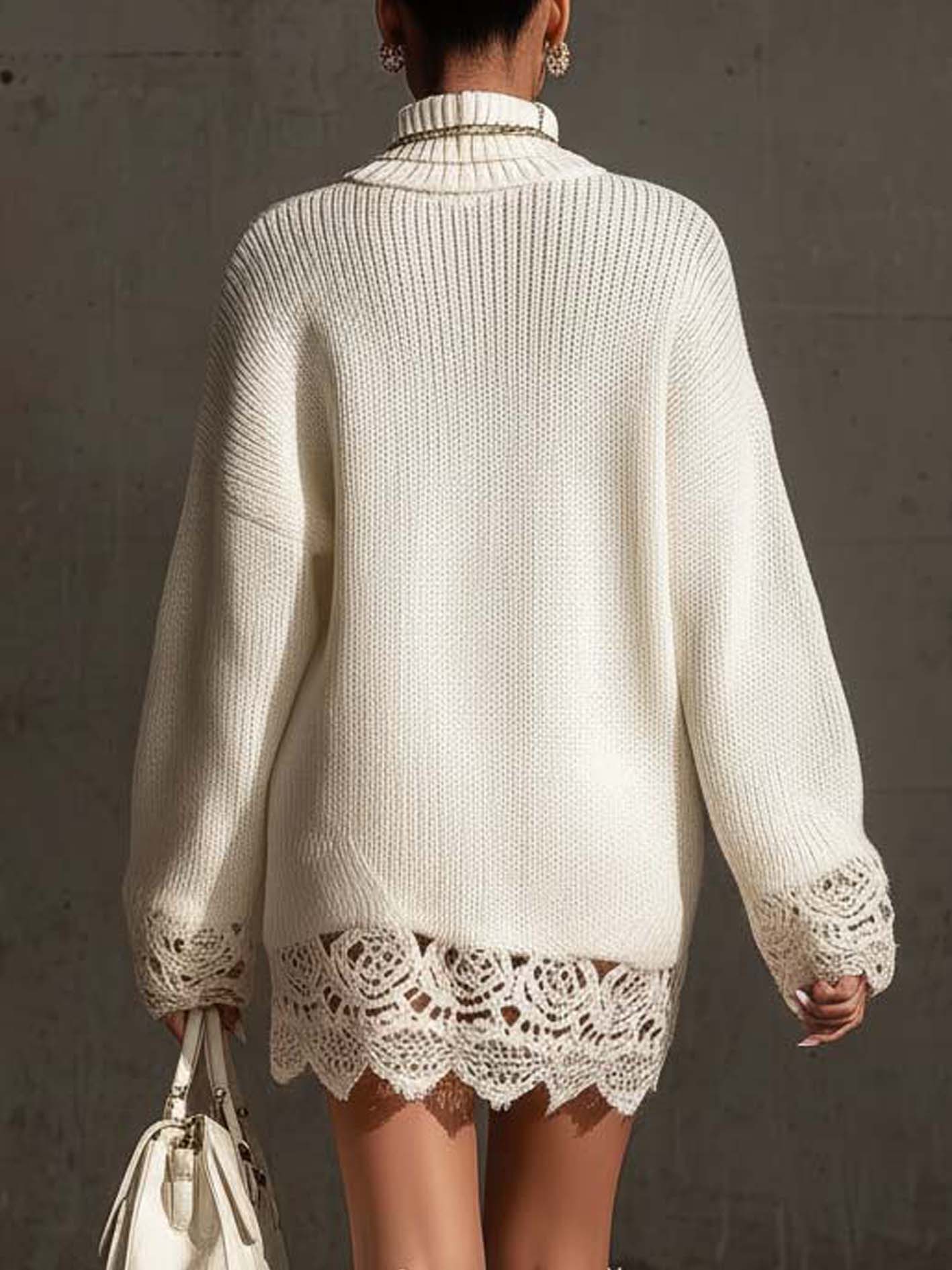 White Turtleneck Knit Mini Dress With Lace Trim
