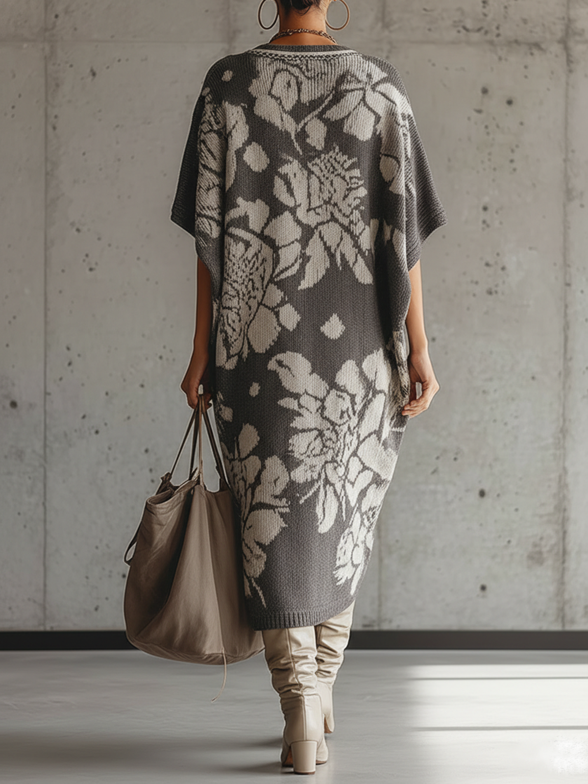 Gray Floral Knit V-Neck Oversized Midi Dress
