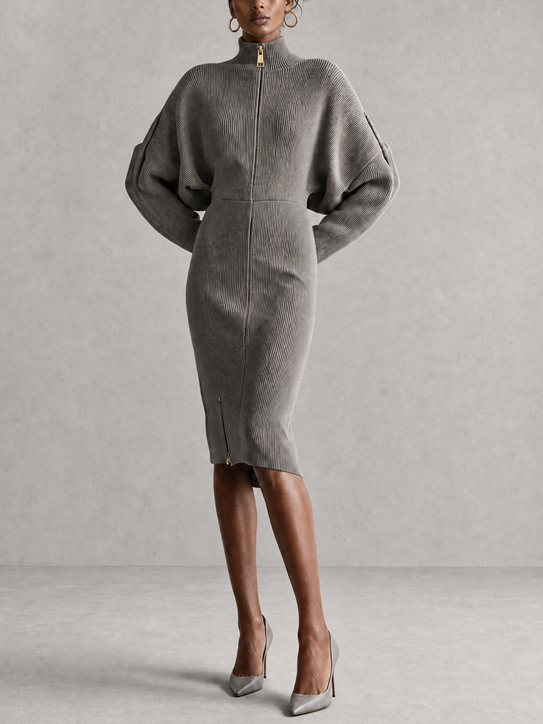 Gray Ribbed Knit Midi Dress